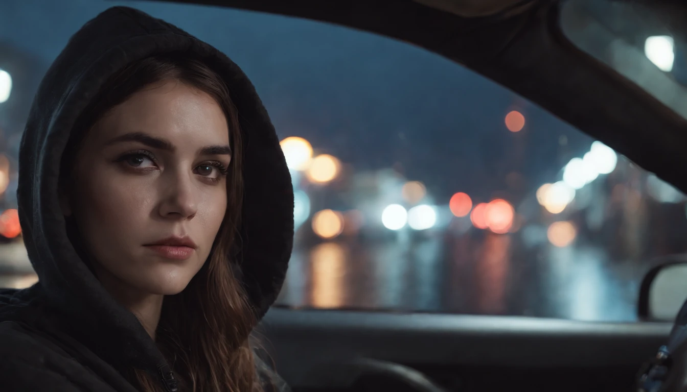 Photography of a sad girl in a car at night, wearing a hoodie, dripping make-up, sad woman, black make-up, nissan skyline, night lights, cyberpunk city lights, night sky, night drive, raining, rain, rainy night, ultra detailed, photorealistic, cinematic, masterpiece.