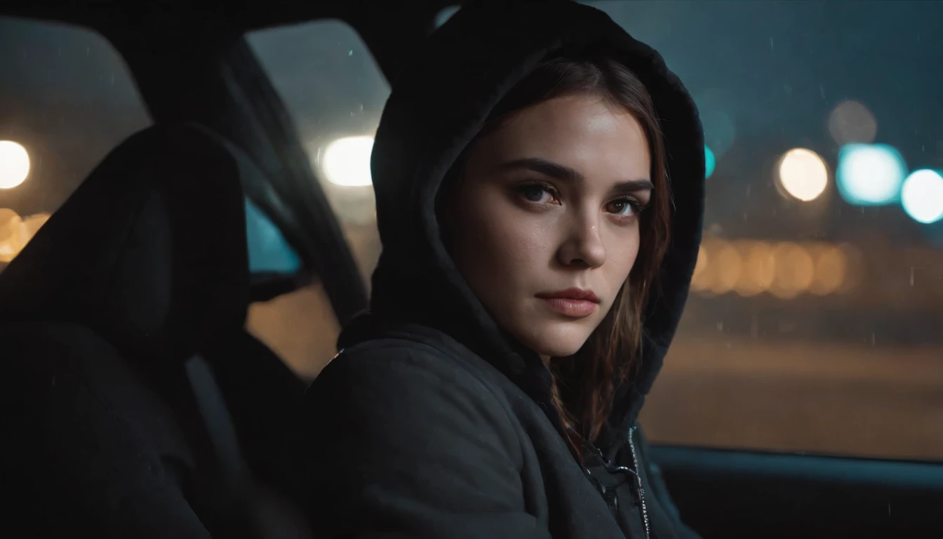 Photography of a sad girl in a car at night, wearing a hoodie, dripping make-up, sad woman, black make-up, nissan skyline, night lights, cyberpunk city lights, night sky, night drive, raining, rain, rainy night, ultra detailed, photorealistic, cinematic, masterpiece.