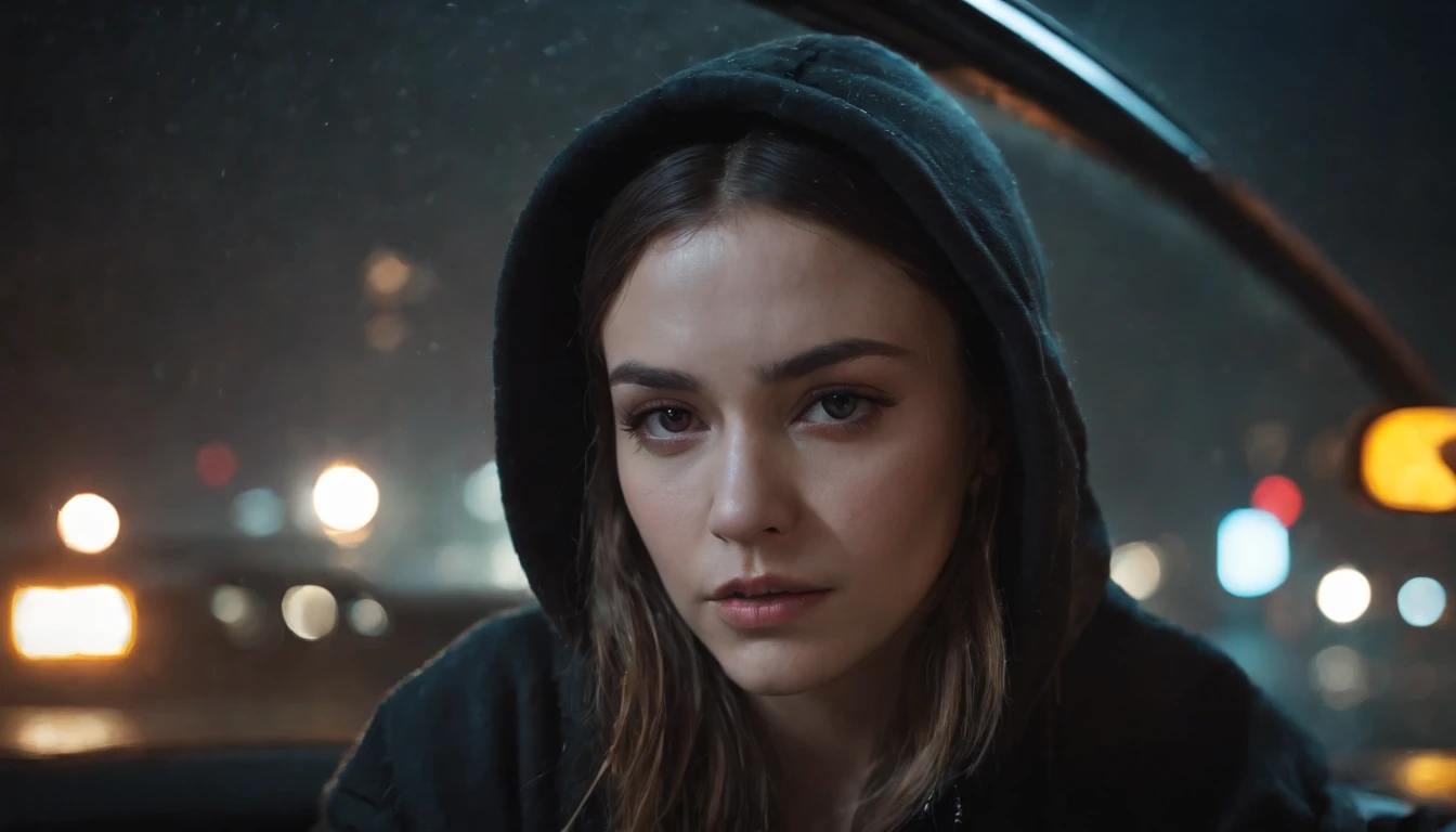 Photography of a sad girl in a car at night, wearing a hoodie, dripping make-up, sad woman, black make-up, nissan skyline, night lights, cyberpunk city lights, night sky, night drive, raining, rain, rainy night, ultra detailed, photorealistic, cinematic, masterpiece.