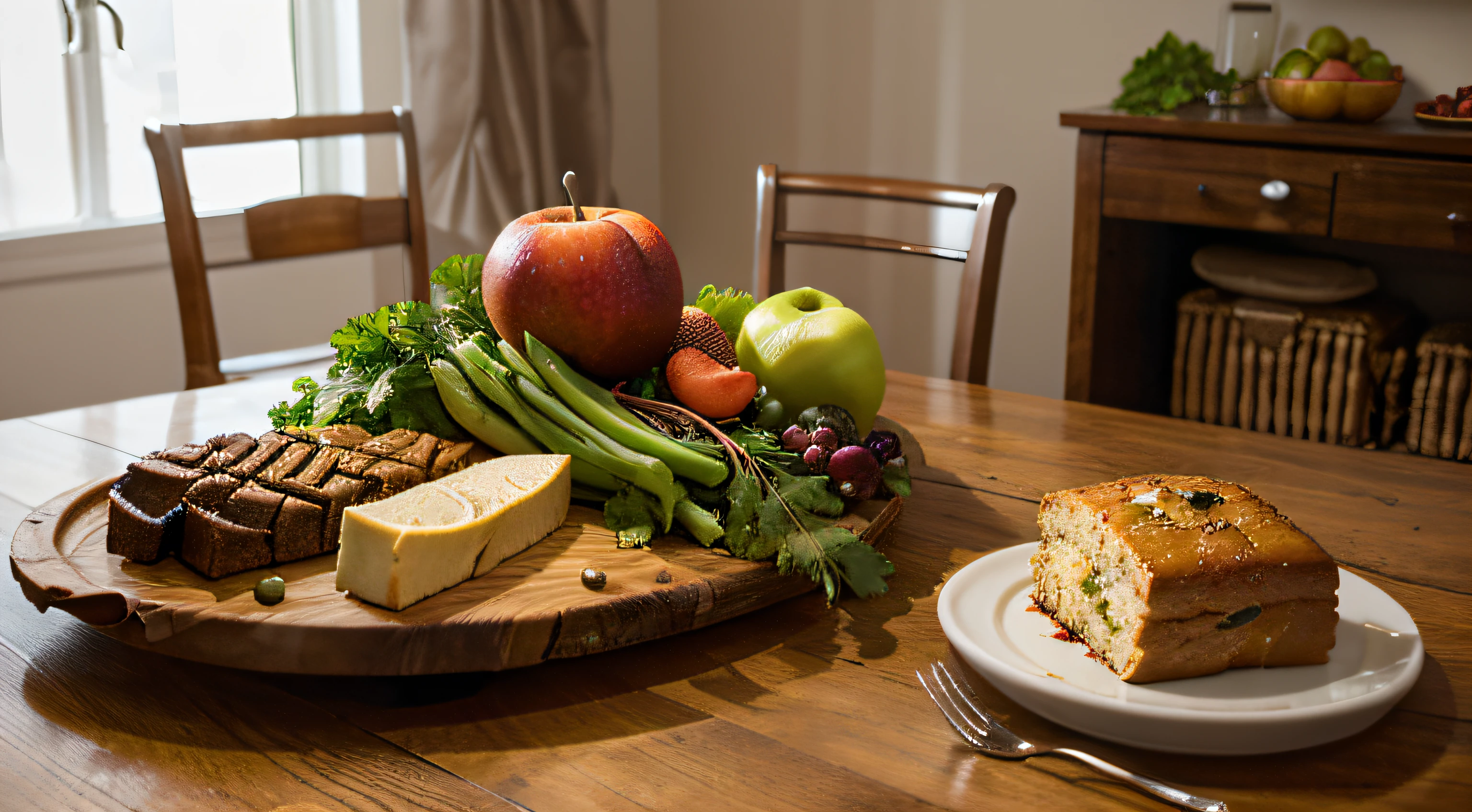 create a realistic image of lots of healthy foods set up on a dining table