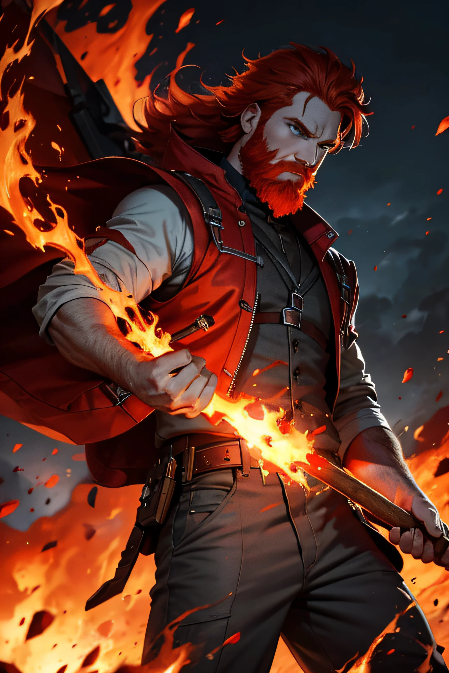 a man with red hair and a red beard holding a burning stick in his hand. The color of the clothes is gray with red details. Fiery eyes and a eruptiv vulcan in the background.
