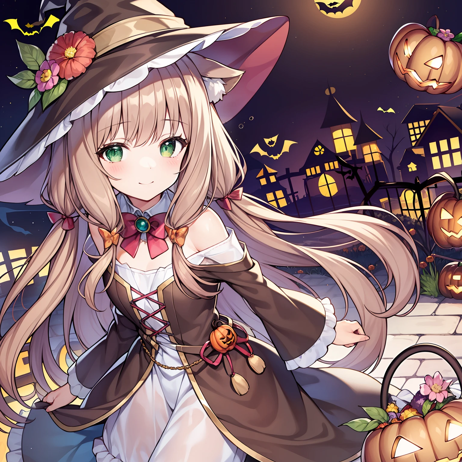 Masterpiece, Best quality, high resolution, 1girll, Solo, Oversized fox tail，(Long brown hair)，Green eyes，Small flower headdress, (9 years old_Cute loli)，Modern architecture，At the door，(halloween theme)，If you don't add sugar, You don't give sugar or trick-or-treat，Dress up as a witch，ssmile，From a positive perspective，