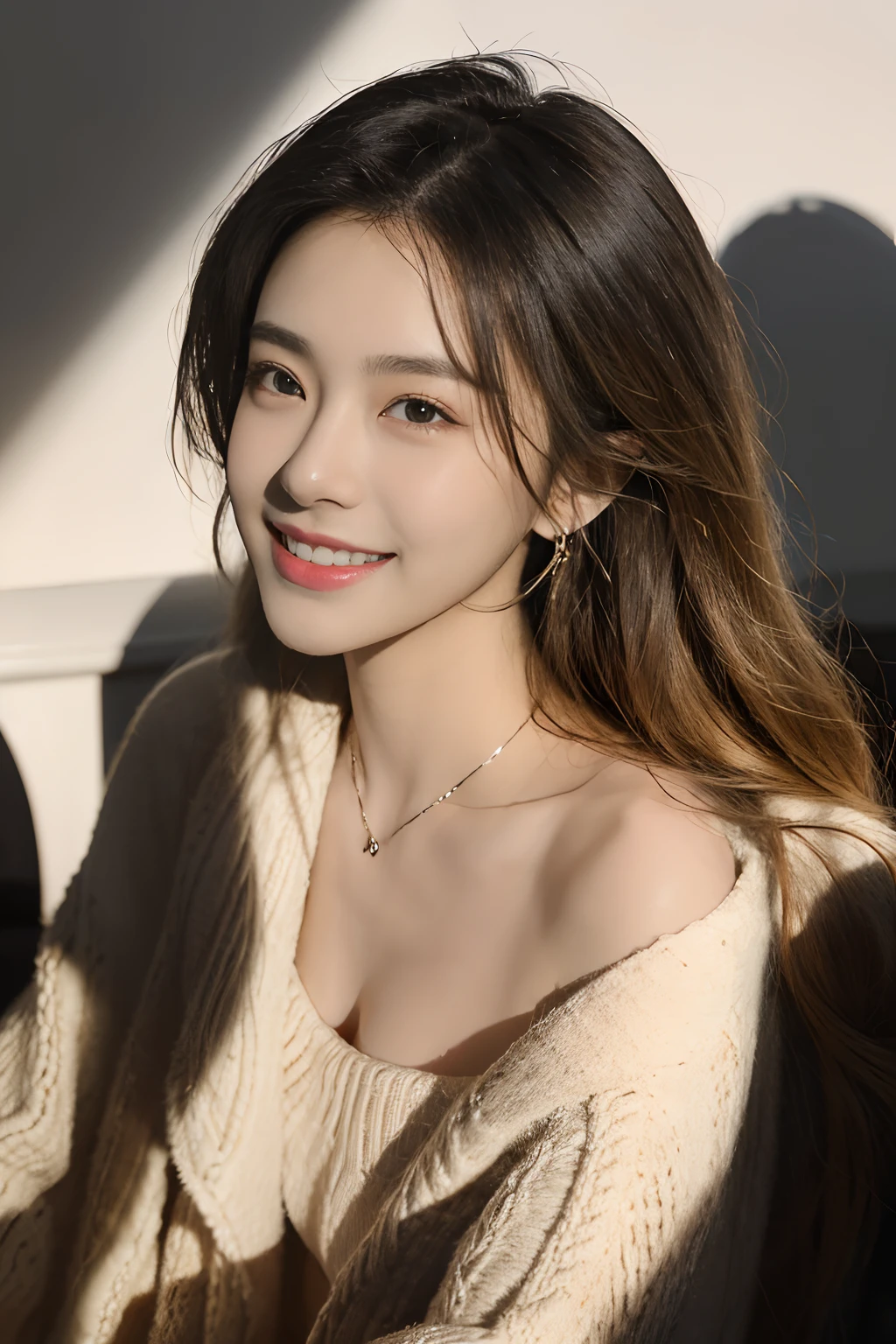 very warm lighting, sexy smiling, wear black cross earring, dramatic lighting, clear shadow, very big chests