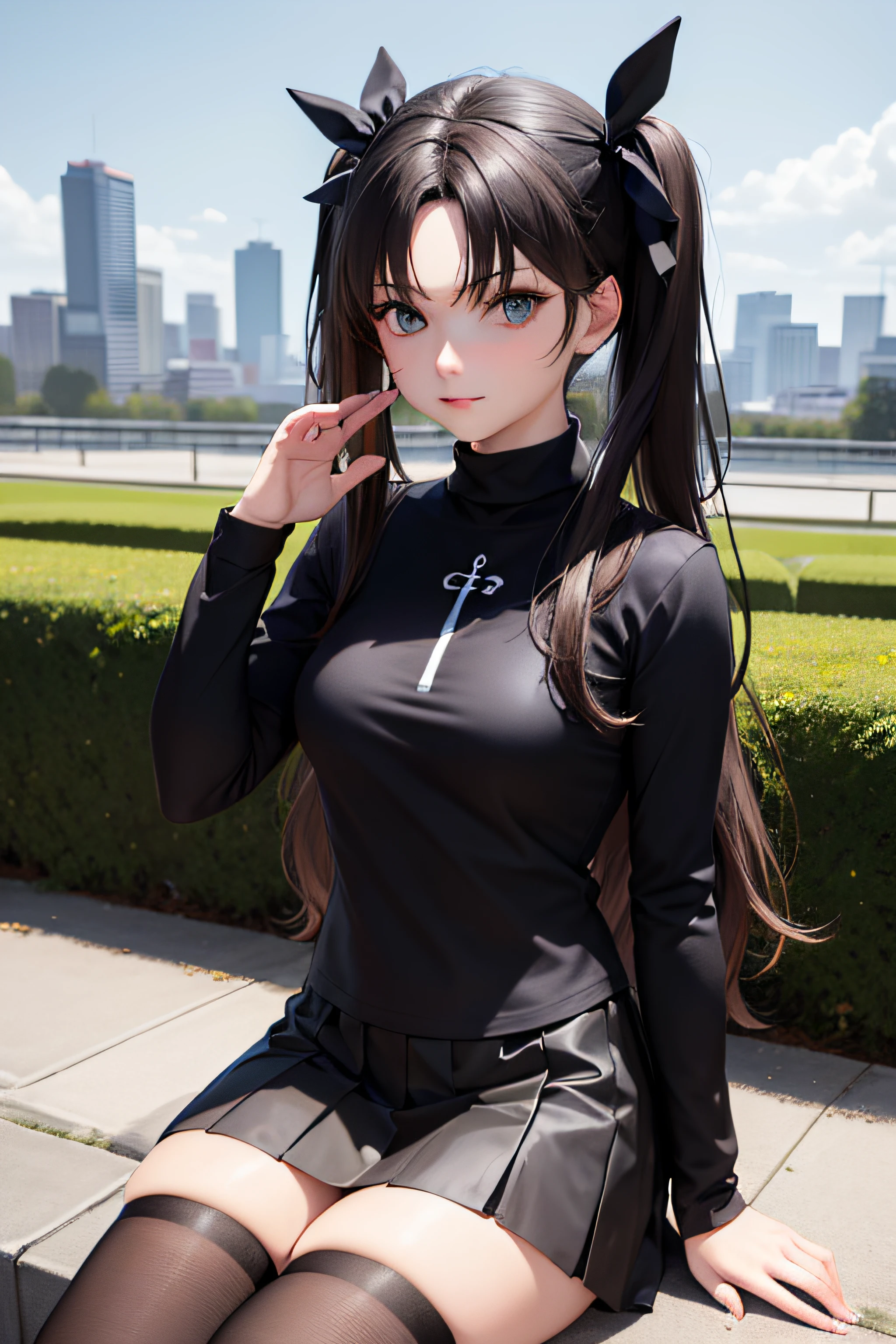 (masterpiece), best quality, expressive eyes, perfect face, 1girl, solo, rintohsaka, rin tohsaka, aqua eyes, black hair, hair ribbon, long hair, ribbon, sidelocks, two side up, black skirt, black thighhighs, long sleeves, miniskirt, pleated skirt, ((red sweater)), skirt, sweater, thighhighs, turtleneck, city background, sitting, character sheet, upper body, portrait, looking at viewer