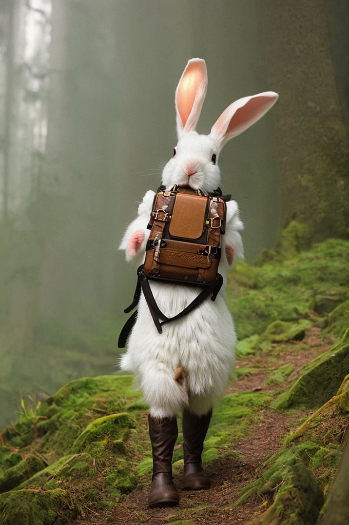 Classic negative portrait photo, Fantasy video game character concept art, A cute white fluffy rabbit，Carrying a small brown leather backpack，Take a look at the hiking map through the forest, dungeons and dragons, fantasy, River, haze, Halo, full bloom, Dramatic atmosphere, Dark fantasy films of the 1970s, centre, Rule of thirds