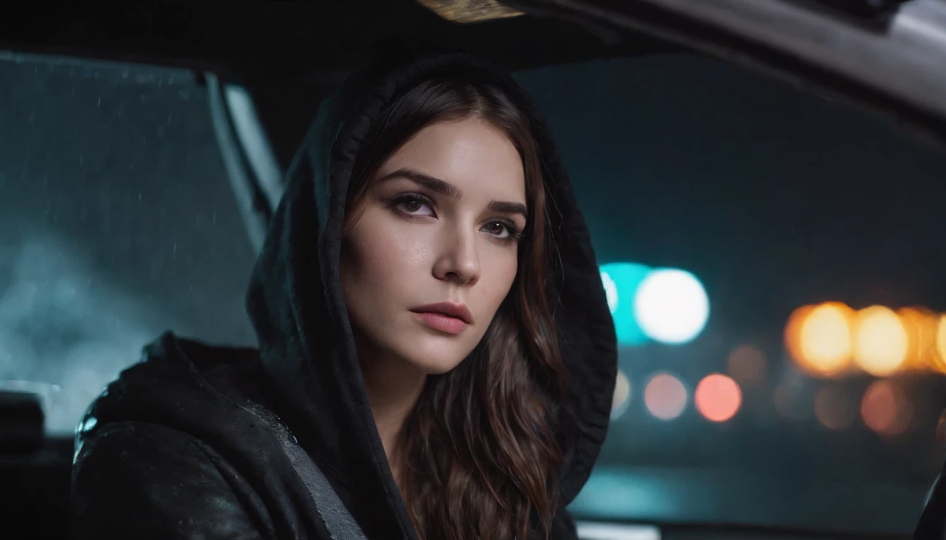 Photography of a brunette sad girl in a car at night, wearing a hoodie, dripping make-up, sad woman, black make-up, nissan skyline, night lights, cyberpunk city lights, night sky, night drive, raining, rain, rainy night, ultra detailed, photorealistic, cinematic, masterpiece.