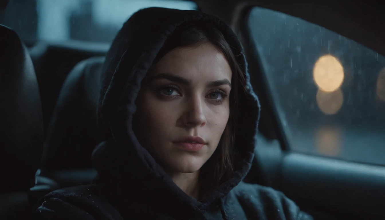 Photography of a brunette sad girl in a car at night, wearing a hoodie, dripping make-up, sad woman, black make-up, nissan skyline, night lights, cyberpunk city lights, night sky, night drive, raining, rain, rainy night, ultra detailed, photorealistic, cinematic, masterpiece.