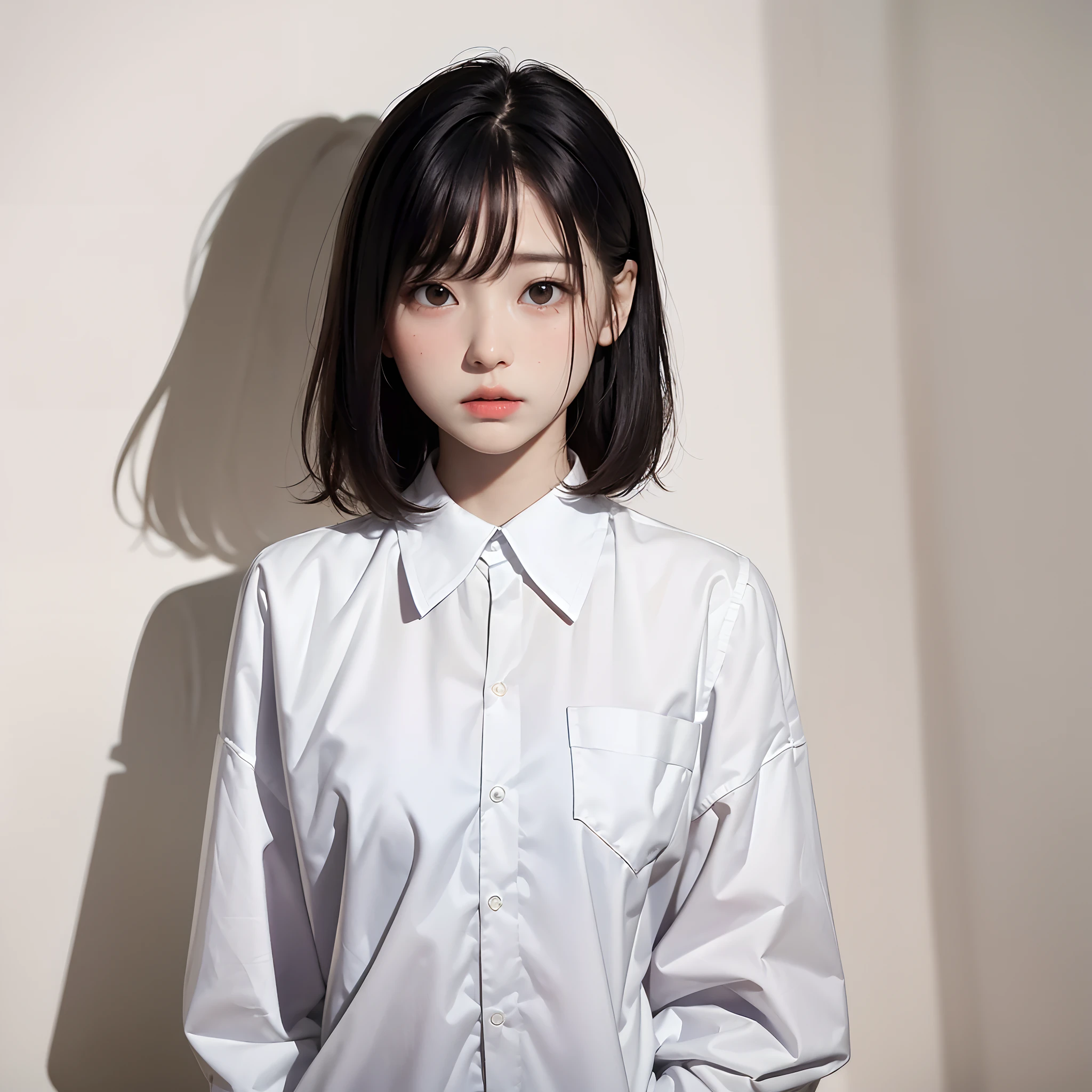 a small breasts and short hair girl, She is 18 years old, grey hair, hairclip, hair_ornament, straight hair, long hair, blouse, portrait, face focus, slender face, <lora:more_details:0.5>,