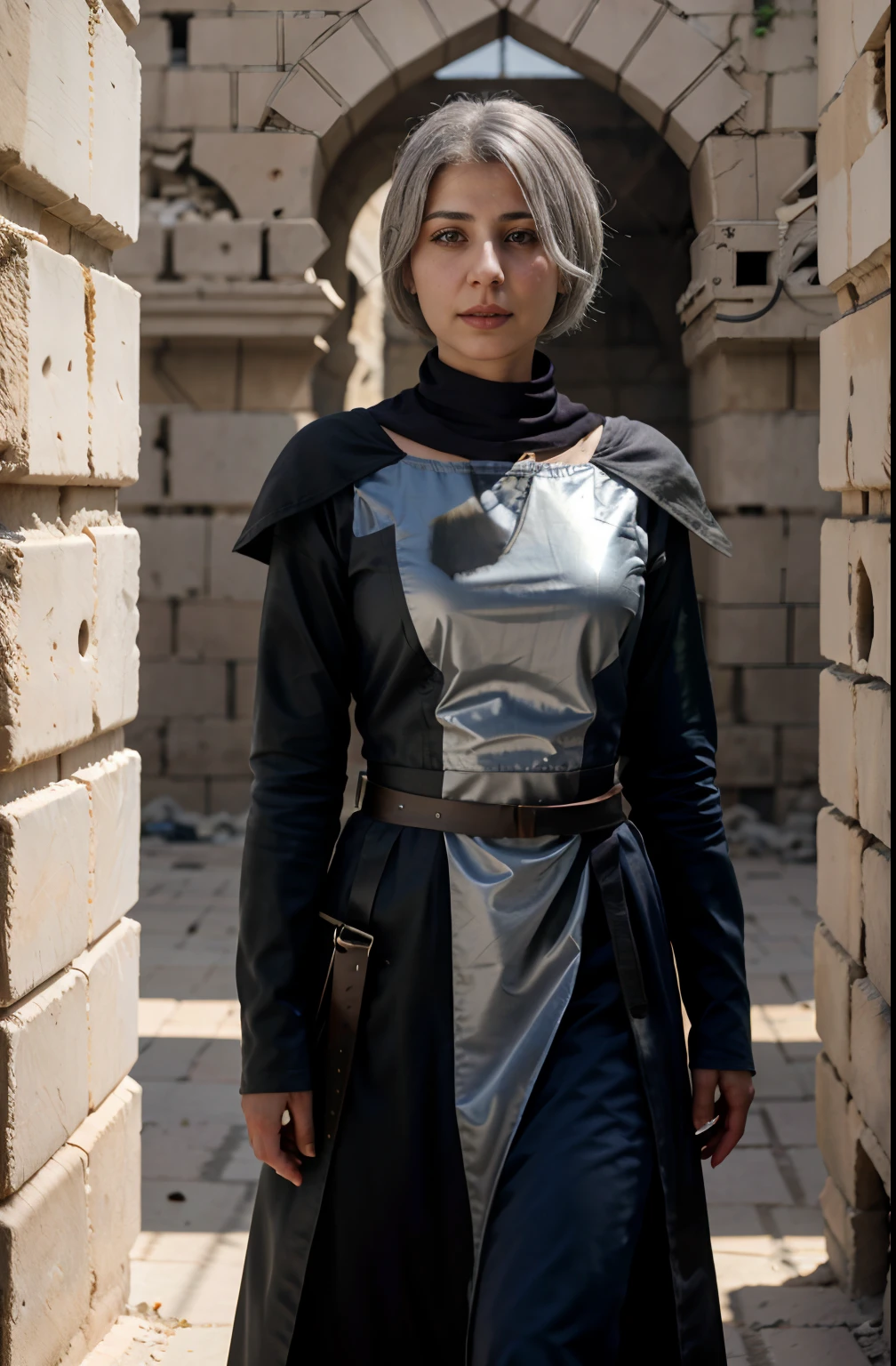 A Syrian lady with a mechanical body:1.5, grey hair, and short hair, in Aleppo Citadel, Syria. The scene is photorealistic, with cinematic lighting and high resolution:1.1. It showcases the best quality, with a touch of masterpiece:1.3. The lady is depicted in high resolution and is shown grabbing a katana sword.