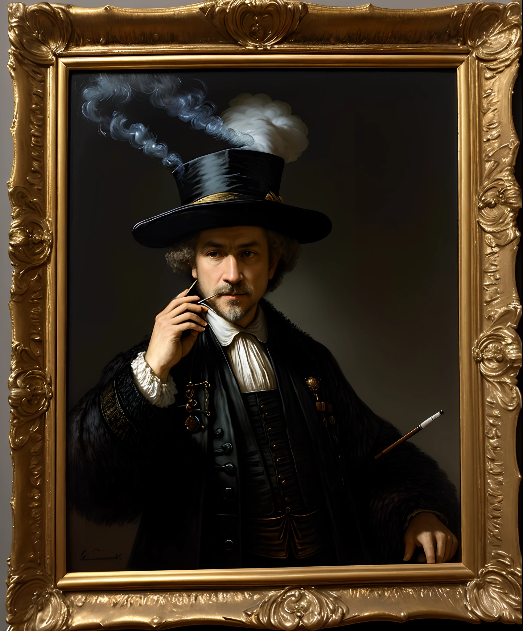 Rembrandt smoking a cigarette，Painting of a man wearing a feathered hat and a black coat, ( Rembrandt ), rembrandt oil, rembrandt style, rembrandt oil painting, painted by rembrandt, in style of rembrandt, rembrandt style, rembrandt exhibition, rembrant, rembrandt art style, Rembrandt lighting, Rembrandt!, Rembrandt lighting scheme, perfect rembrandt lighting, In the tricorne hat, inspired by Dirck Hals