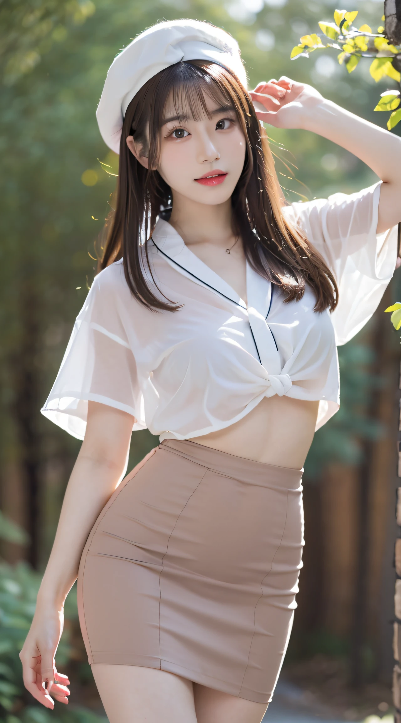 (Best Quality, masutepiece, Ultra HD: 1.3), 1girl in, (middlebreasts), light brown hair, Blunt bangs, straight haired, Long hair,( slender body shape, Constricted waist),(Ultra Fine Face), Delicate lips, (Beautiful eyes), thin blush, eyes are brown, perfect glossy skin,View here, ( hide one's hands), See-through white blouse, White see-through tight skirt, Low Heels. White beret, (a japanese girl,hposing Gravure Idol), bustshot,Broad-leaved forest