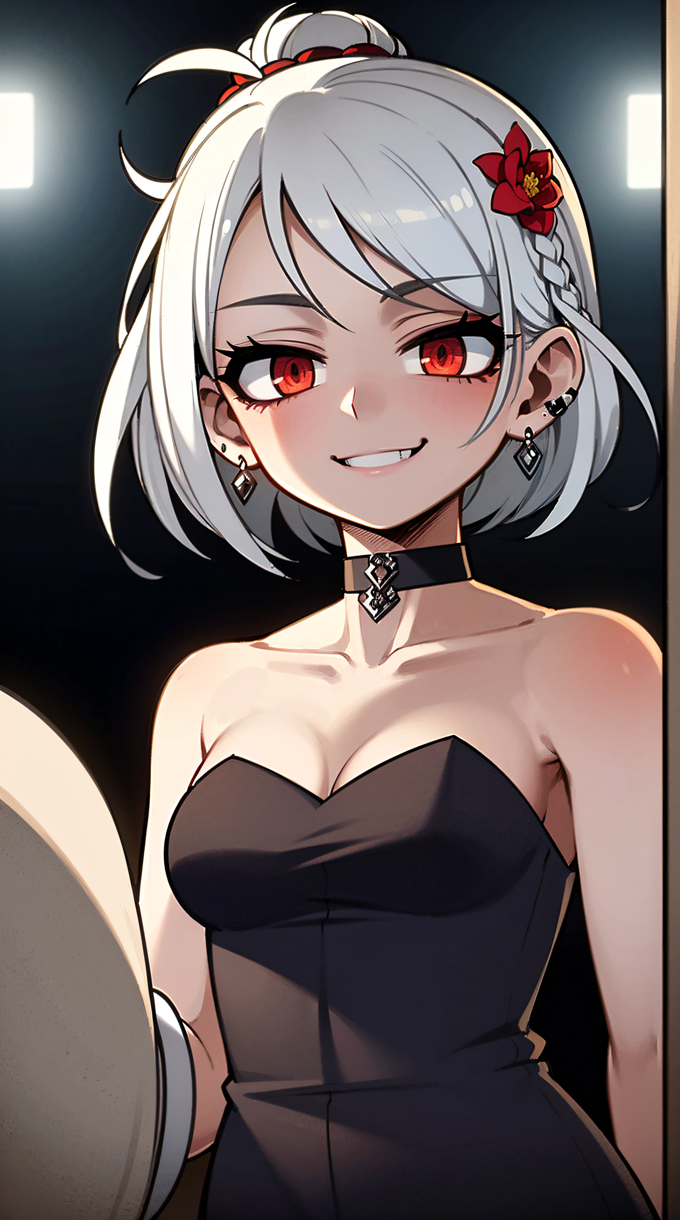 Best Quality, (Masterpiece:1.2), High Detailed, Cat Ears, 1girl, solo, tojo koneko, red eyes, white hair, short hair, hair decoration, black neckband, erotica, sleeveless, healthy skin, (indoors),((( cum, cum on face, after sex)) , ((black dress)))