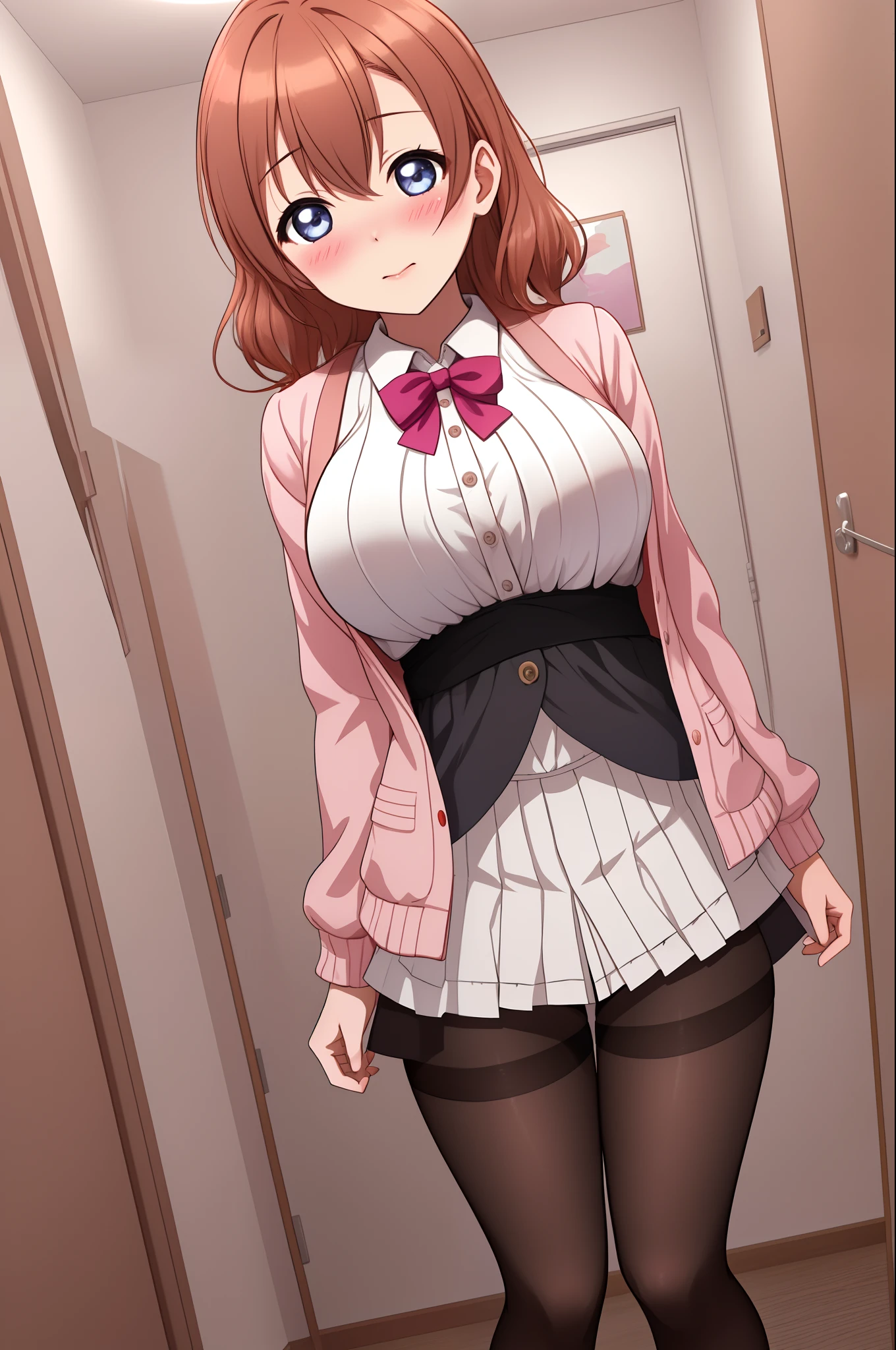 Kousaka honoka, Blushing, room, huge breasts, looking at viewer, standing, tight stylish blouse,mini jacket, shorts, pantyhose