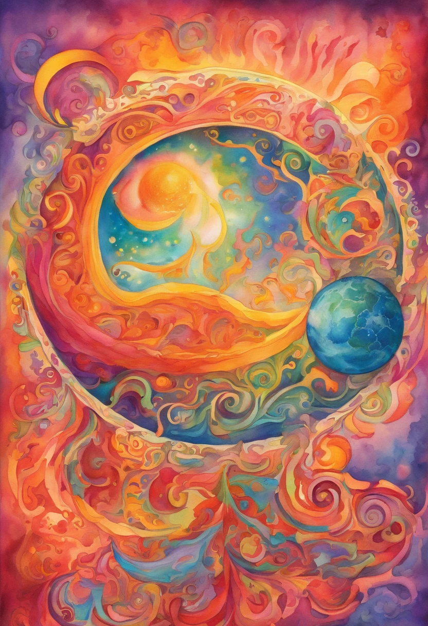 Vivid watercolor pencil drawing of a whimsical fiery sun and a mystical quarter-moon forming a sphere that is surrounded by earth, wind, water, and fire, and planets