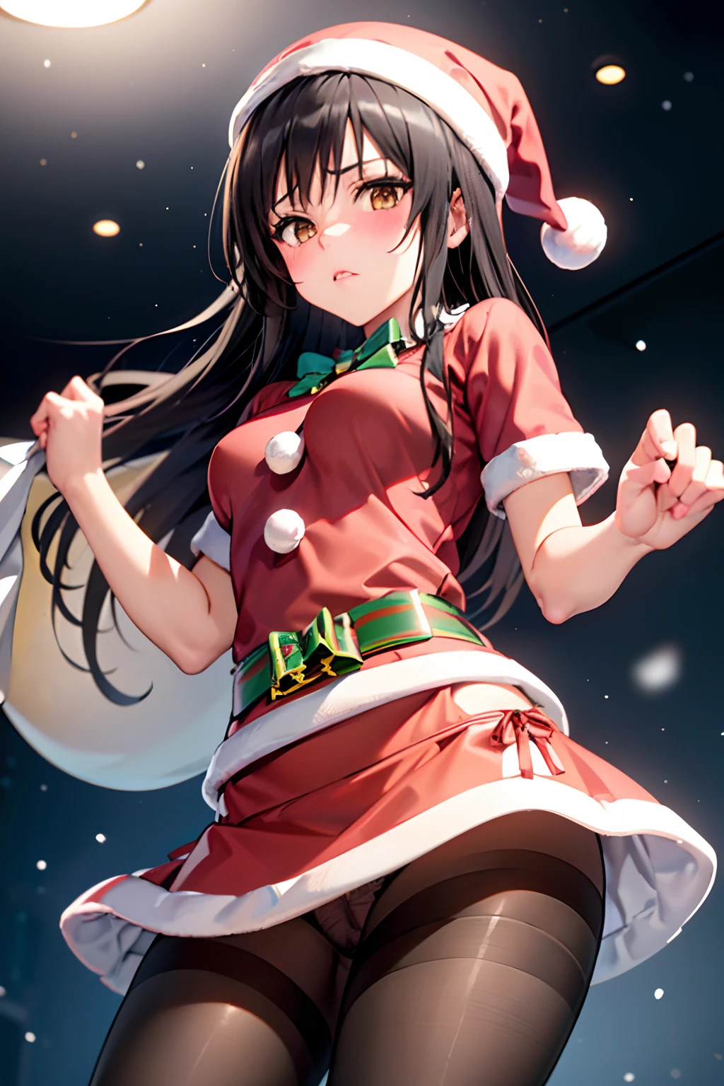 Best Quality, masutepiece, Portrait, , 1girl in, Kotegawa Yui, Black hair, Long hair, Long bangs, Brown eyes, medium udder, ((chies)), Looking at Viewer, embarassed expression,Photo from below、((Santa Claus clothes))、((pantyhose))、((Show panties))、((a miniskirt))