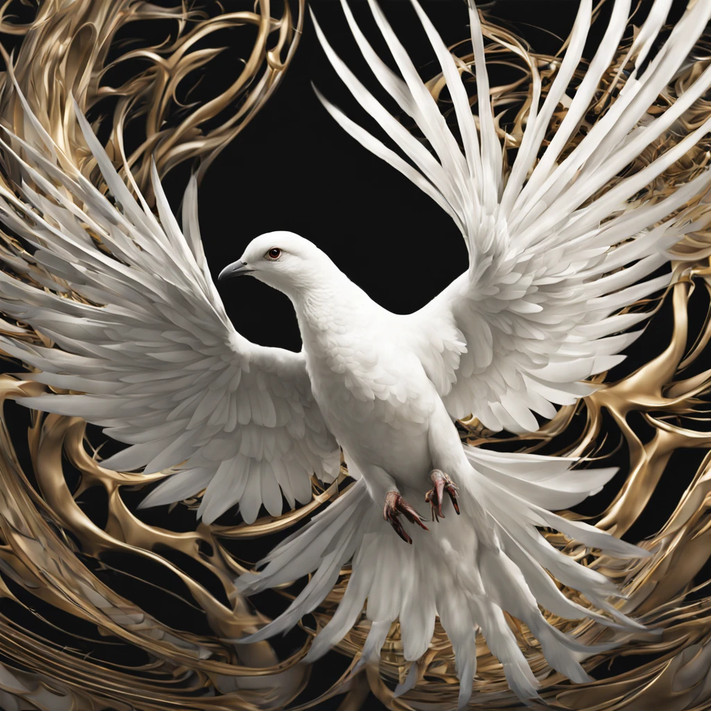 A Hyper-Realistic Soar with a white dove a remarkable artwork that depicts an abstract portrayal of a dove taking to the skies. With a captivating fractal twist, this piece transcends reality while maintaining intense vividness and impeccable details. The dove's wings blend harmoniously with intricate fibonacci fractal patterns, creating a breathtaking fusion of art and nature. The luminesance evoke a sense of motion and freedom as the hyper-realistic rendering captures every feather and movement with striking precision. Prepare to be swept away on an awe-inspiring journey as you witness the union of abstraction, realism, and the spirit of this extraordinary bird.