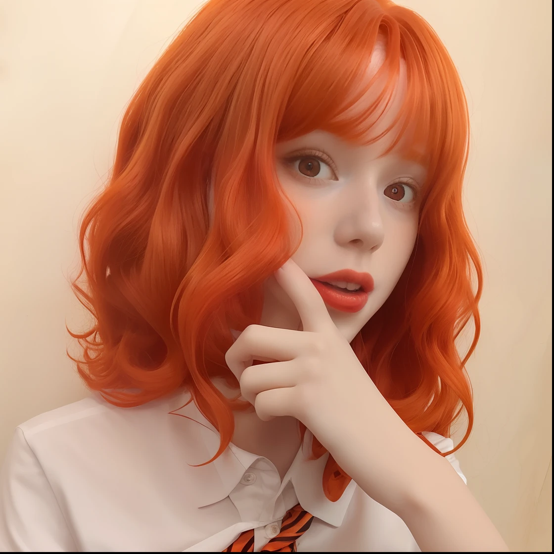 there is a woman with red hair and a tie posing for a picture, orange hair, bright orange hair, long wavy orange hair, ginger wavy hair, orange glowing hair, curly copper colored hair, with curly red hair, red wig, orange flowing hair, ulzzang, wavy vibrant red hair, long orange hair, she has long redorange hair, with short hair