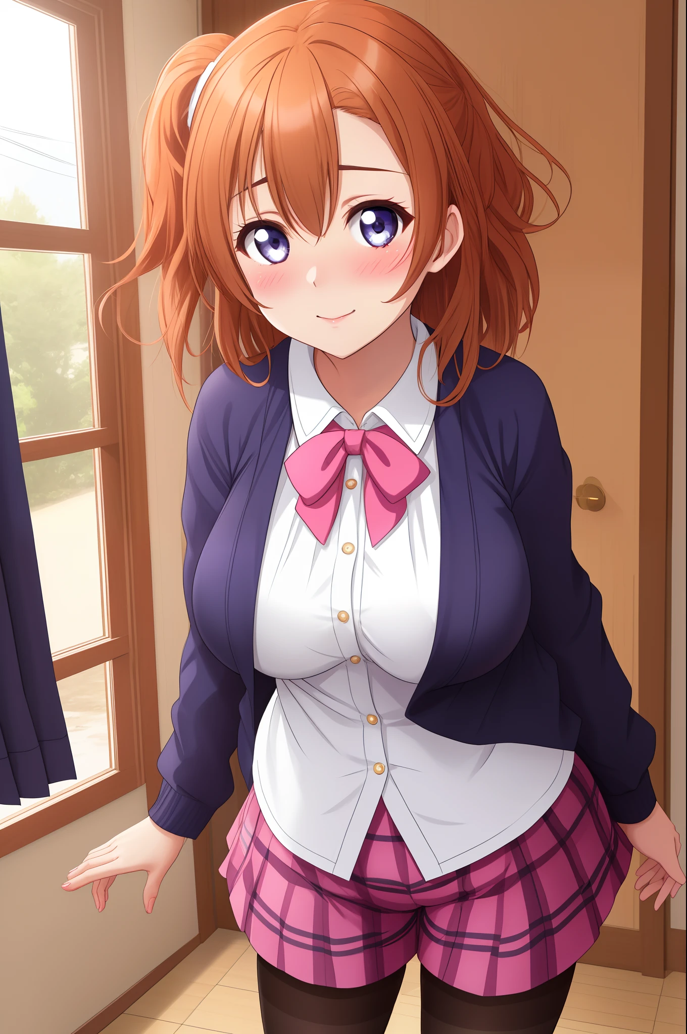 Kousaka honoka, Blushing, room, huge breasts, looking at viewer, standing, tight stylish blouse, shorts, pantyhose