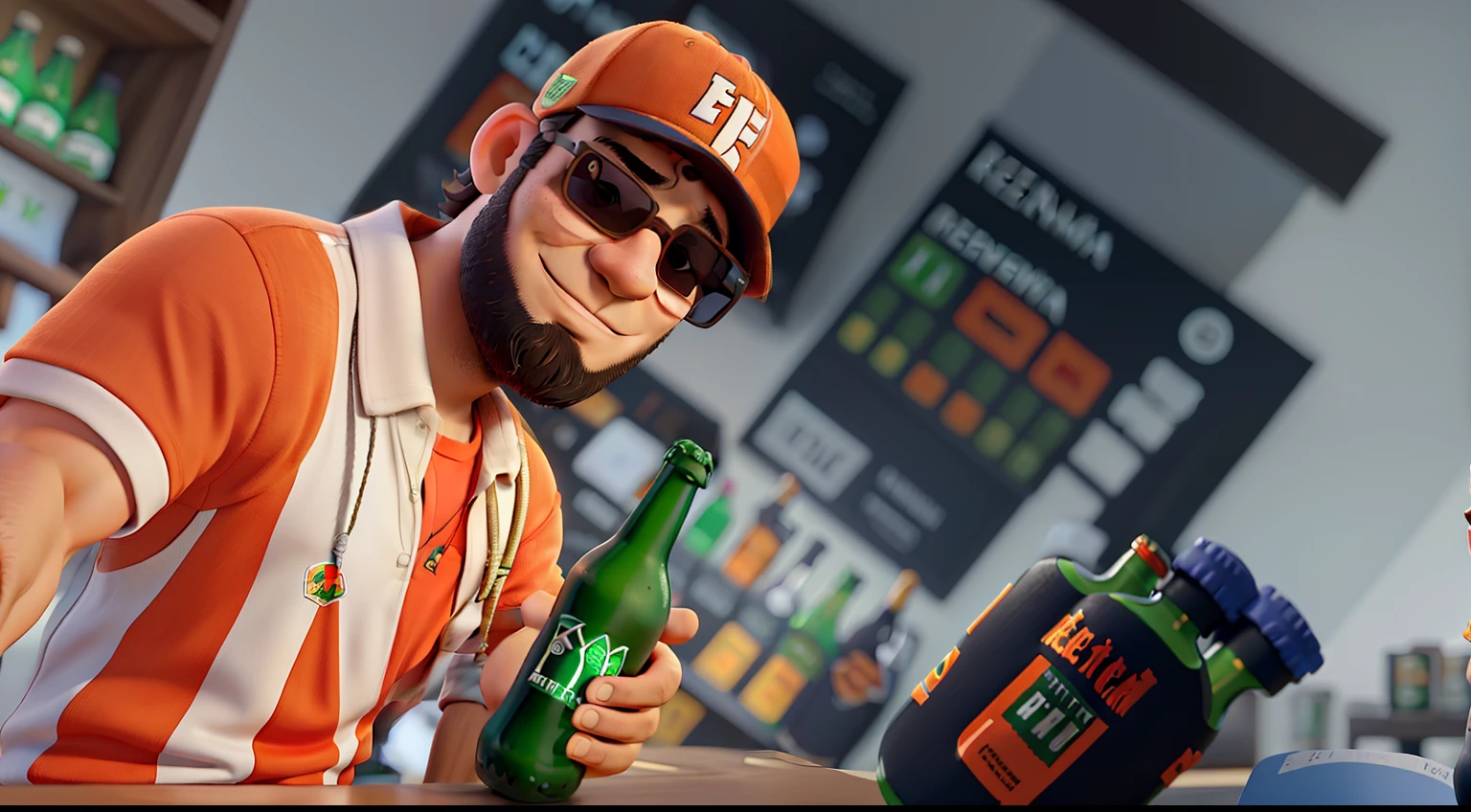 esta eu lindo, in an orange cap, camisa de futebol listrada laranja e branca, wearing sunglasses and wearing a beard, in hand holding a bottle of Heineken beer, e no fundo uma loja de celular