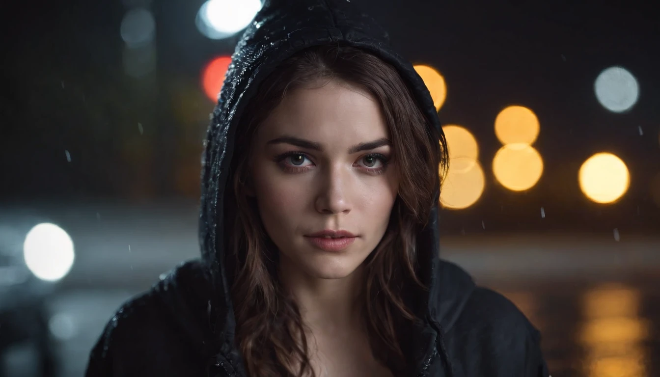 Photography of a brunette sad girl outside of her car at night, wearing a hoodie, dripping make-up, sad woman, black make-up, nissan skyline, night lights, cyberpunk city lights, night sky, night drive, raining, rain, rainy night, ultra detailed, photorealistic, cinematic, masterpiece.