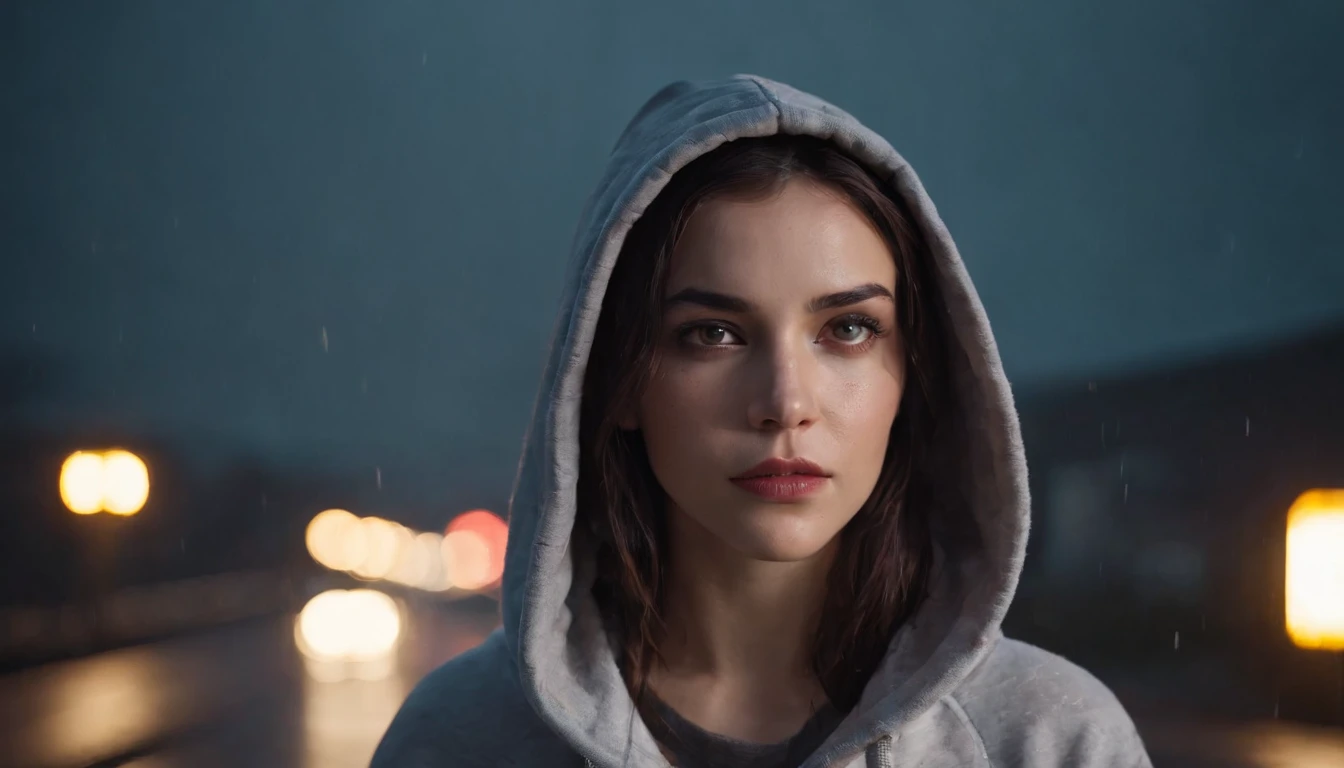 Photography of a brunette sad girl outside of her car at night, wearing a hoodie, dripping make-up, sad woman, black make-up, nissan skyline, night lights, cyberpunk city lights, night sky, night drive, raining, rain, rainy night, ultra detailed, photorealistic, cinematic, masterpiece.