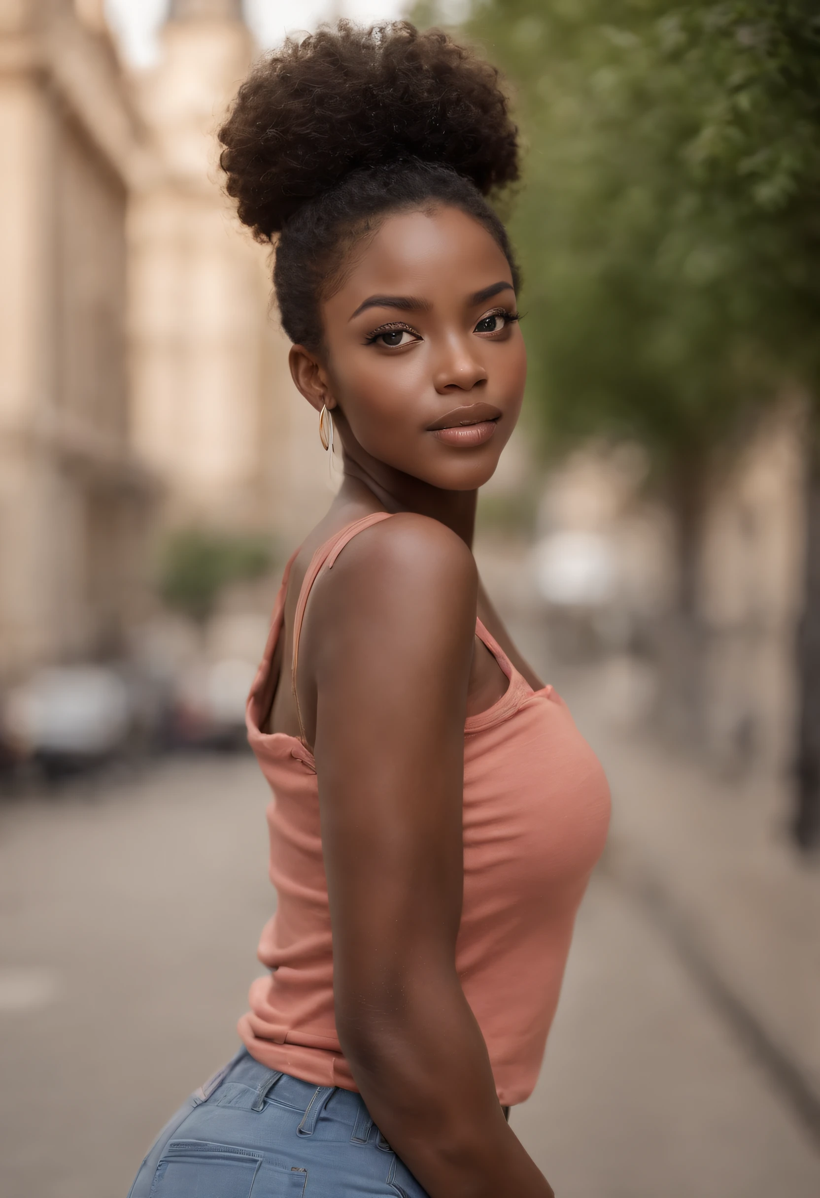 ((Dark African skin, Very deep ebony skin)), ((Its beauty is undeniable)), ((cute excited face)), ((Hyper detailed perfect eyes,)), ((pose mignonne)), ((Langue sortie)), ((Attirant )), sexy, (( Tight knit shirt, shorts courts sexy)), ((Afro curly African hair afro ponytail afro,)), (( peau)), ((debout, vue de dos )), ((toucher ses propres jambes dans une pose sexy)), (( montre bien son cul)), ((dehors, Ville publique)), CGI ciblé, Fotorrealista, High detail, Realstic, Master part, Absurde, Best quality, Hdr, highly quality, high-definition, extremly detailed, 8k wallpaper, intricate high detail, 8K UHD, Full-HD, (photo realist:1.2), contraste, intense illumination, lighting cinematic, natural lighting, hard light, contre-jour, Illumination globale, occlusion ambiante, montre bien son cul, cul parfait,