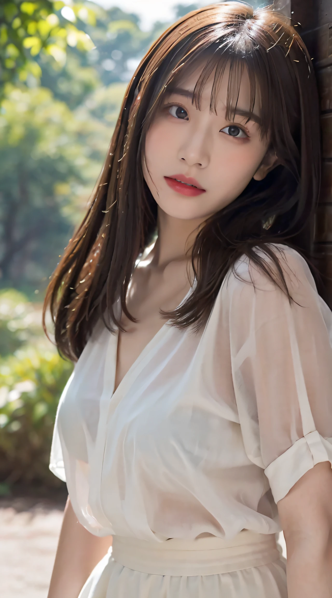 (Best Quality, masutepiece, Ultra HD: 1.3), 1girl in, （middlebreasts）, light brown hair, Asymmetrical hair, straight haired, Long hair,（ slender body shape, Constricted waist）,（Ultra Fine Face）, Delicate lips, （Beautiful eyes）, thin blush, eyes are brown, perfect glossy skin,View here, （ hide one's hands）, See-through white blouse, White see-through tight skirt. (a japanese girl,hposing Gravure Idol),  bustshot,Broad-leaved forest