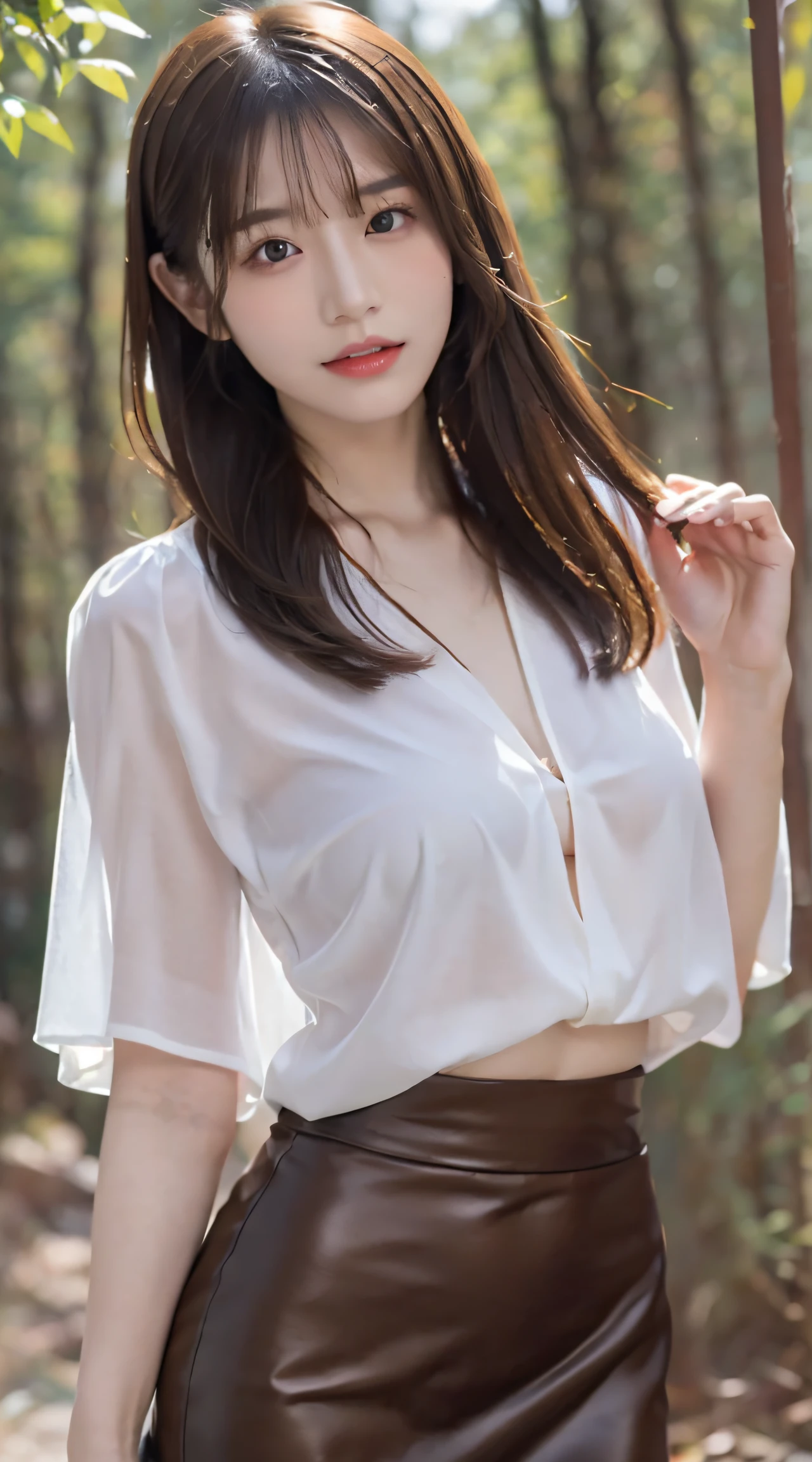 (Best Quality, masutepiece, Ultra HD: 1.3), 1girl in, (middlebreasts), light brown hair, Asymmetrical hair, straight haired, Long hair,( slender body shape, Constricted waist),(Ultra Fine Face), Delicate lips, (Beautiful eyes), thin blush, eyes are brown, perfect glossy skin,View here, ( hide one's hands), See-through white blouse, White see-through tight skirt. (a japanese girl,hposing Gravure Idol), bustshot,Broad-leaved forest
