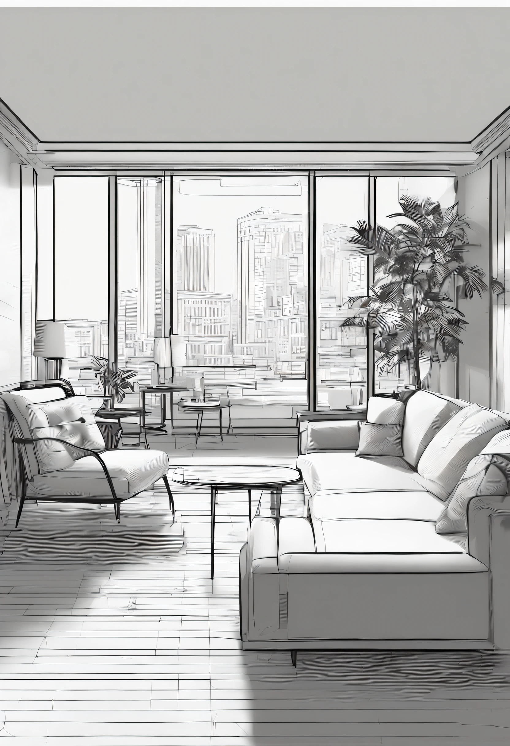 Small living room、Correct perspective、line-drawing、outlines、Medium omission、unmanned