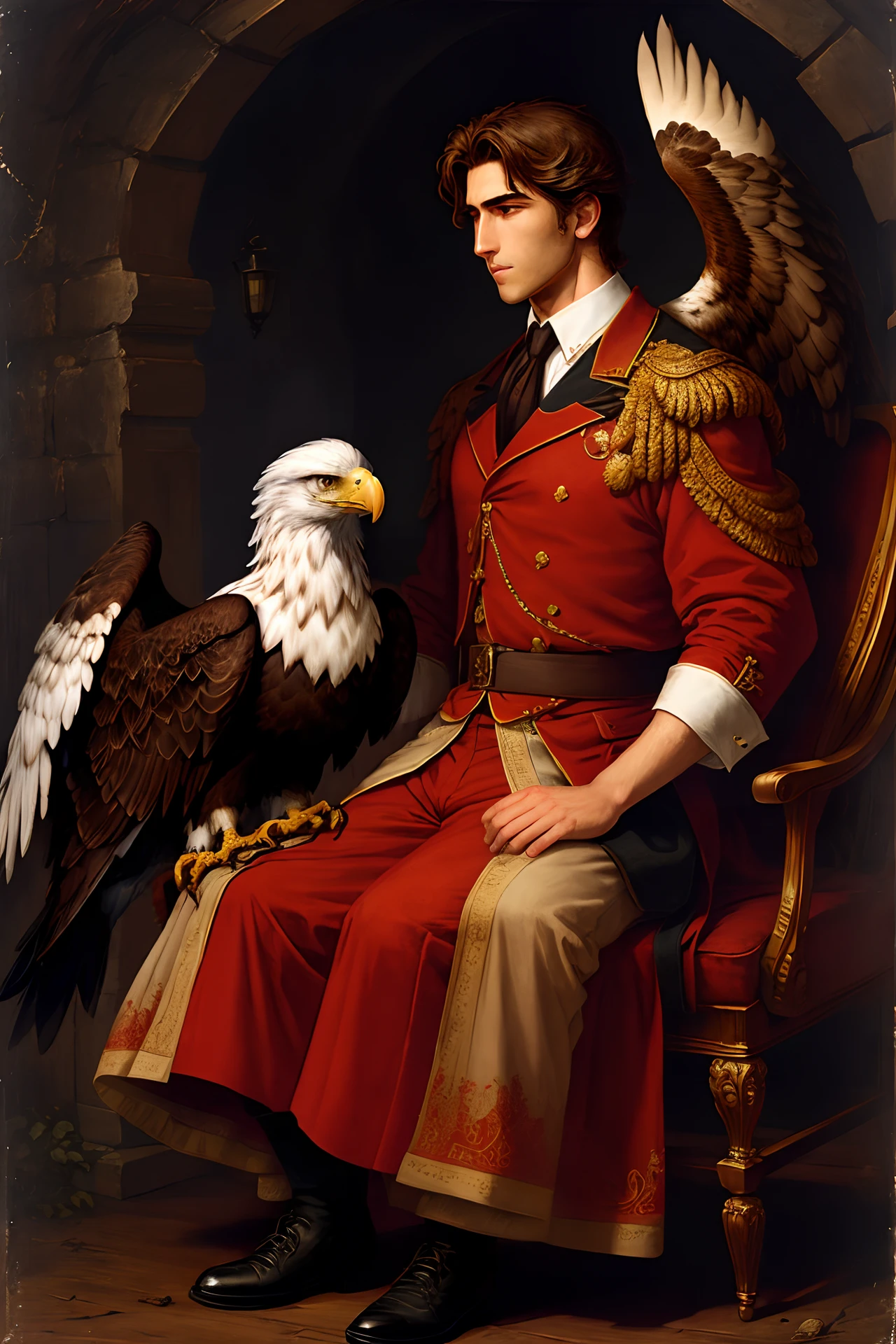 On the left hand of the handsome man rests an eagle with flapping wings