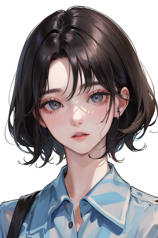 (Top resolution、Distinct_image)top-quality、femele、​masterpiece、ighly detailed、Semi-realistic、Black short hair、Dark hair、grey  eyes、bangss、21years old、Mature、年轻、Button-up shirt、Exquisite facial features、Facial features,student clothes