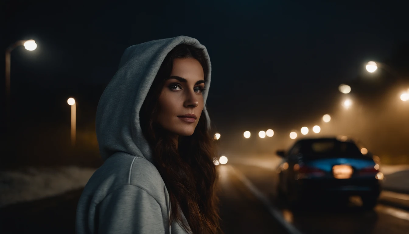 Photography of a brunette girl standing next to her car at night, wearing a hoodie, foggy road, foggy night, cinematic, ultra detailed.