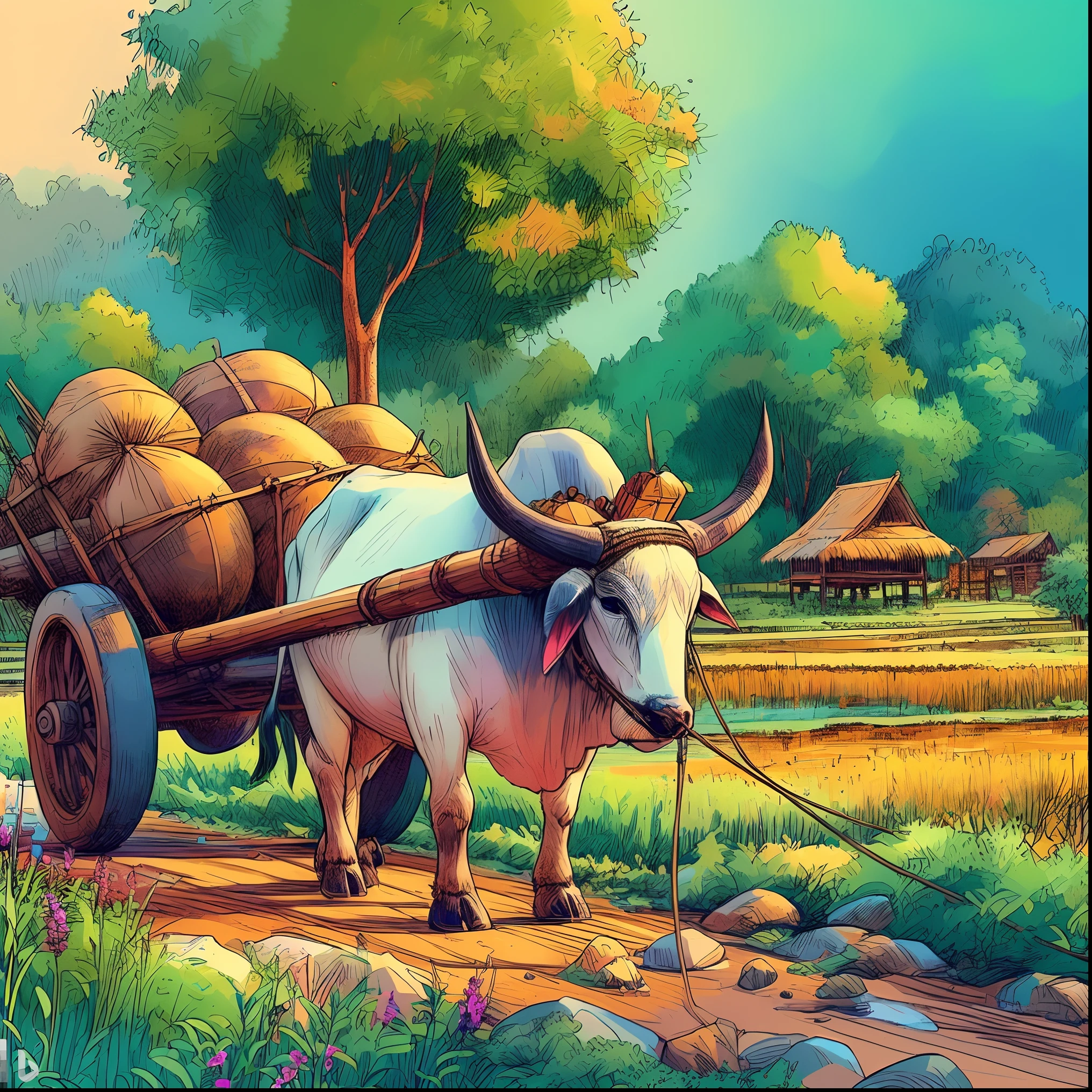 painting of a ox pulling a cart with a load of hay, a beautiful artwork illustration, digital painting highly detailed, beautiful digital artwork, beautiful digital painting, digital cartoon painting art, very detailed digital painting, great digital art with details, 4 k hd illustrative wallpaper, highly detailed digital painting, low detailed. digital painting, by Yang J, in the countryside