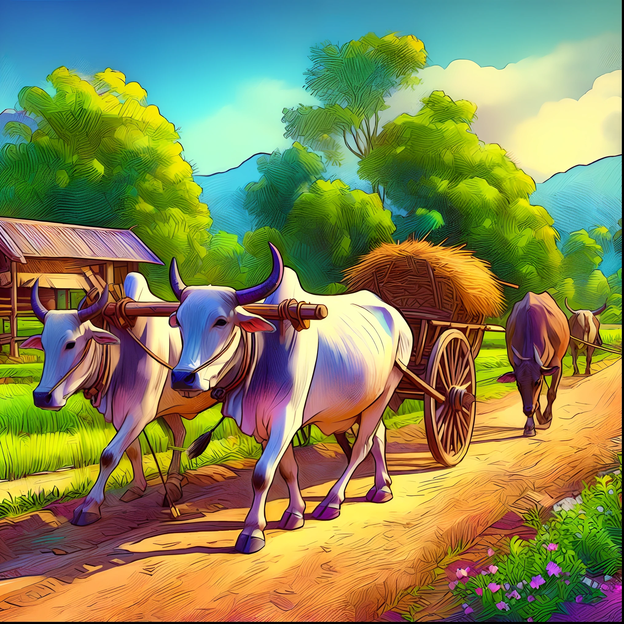 there are two cows pulling a cart down a dirt road, background artwork, colorful hd picure, countryside, country landscape, by Roberto Parada, digital cartoon painting art, digital painting highly detailed, farm background, beautiful digital artwork, great digital art with details, background art, hd wallpaper, scenery artwork, in the countryside, by Mario Dubsky, detailed game art illustration