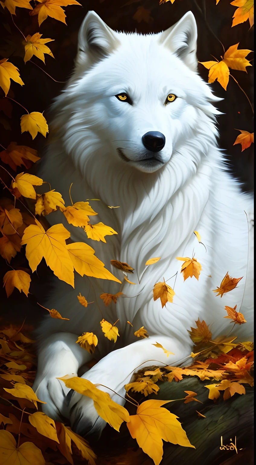 Painting of a white wolf lying on the leaves of a tree, lobo branco, um lobo branco, beautiful autumn spirit, Lobo branco com olhos azuis, Ele tem olhos de lobo amarelos, Lobo Dourado, 3 0, grande lobo, outono, foto de lobo, no estilo bev dolittle, lobo peludo, Lobos e seus tesouros, papel de parede bonito do iphone, lobo