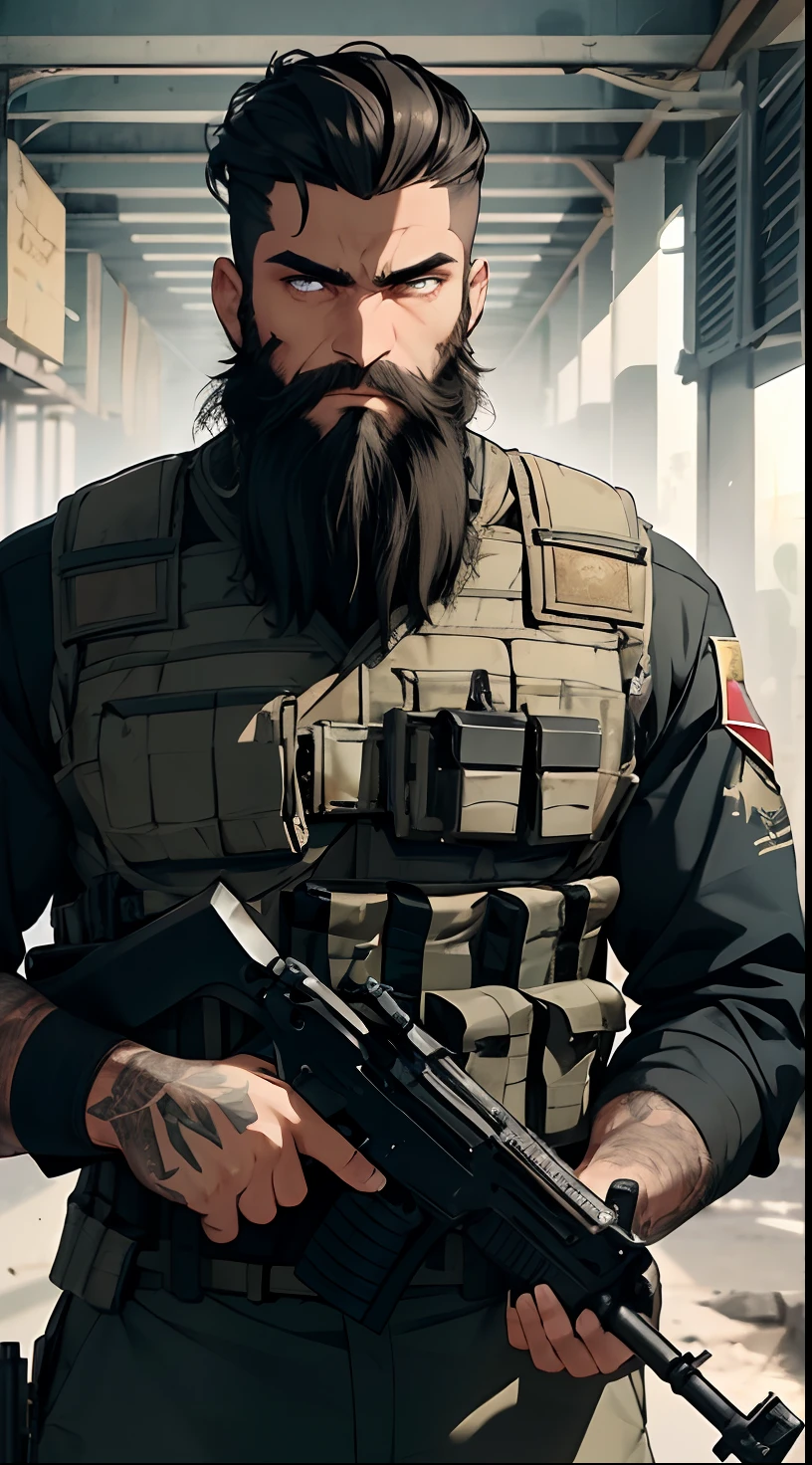 man with a black short beard, badass beard, arabian aesthetics, black beard, with tattoos, epic beard, rough beard, neat beard. He has blue eyes. He has a huge scar on his face, He wears an Arabian army uniform, military camouflage clothing, wear a bulletproof vest,holds a rifle, Dynamic pose, 8k, masterpiece, dark, full of equipment, one-eyed, dirty and bruised, clothes torn