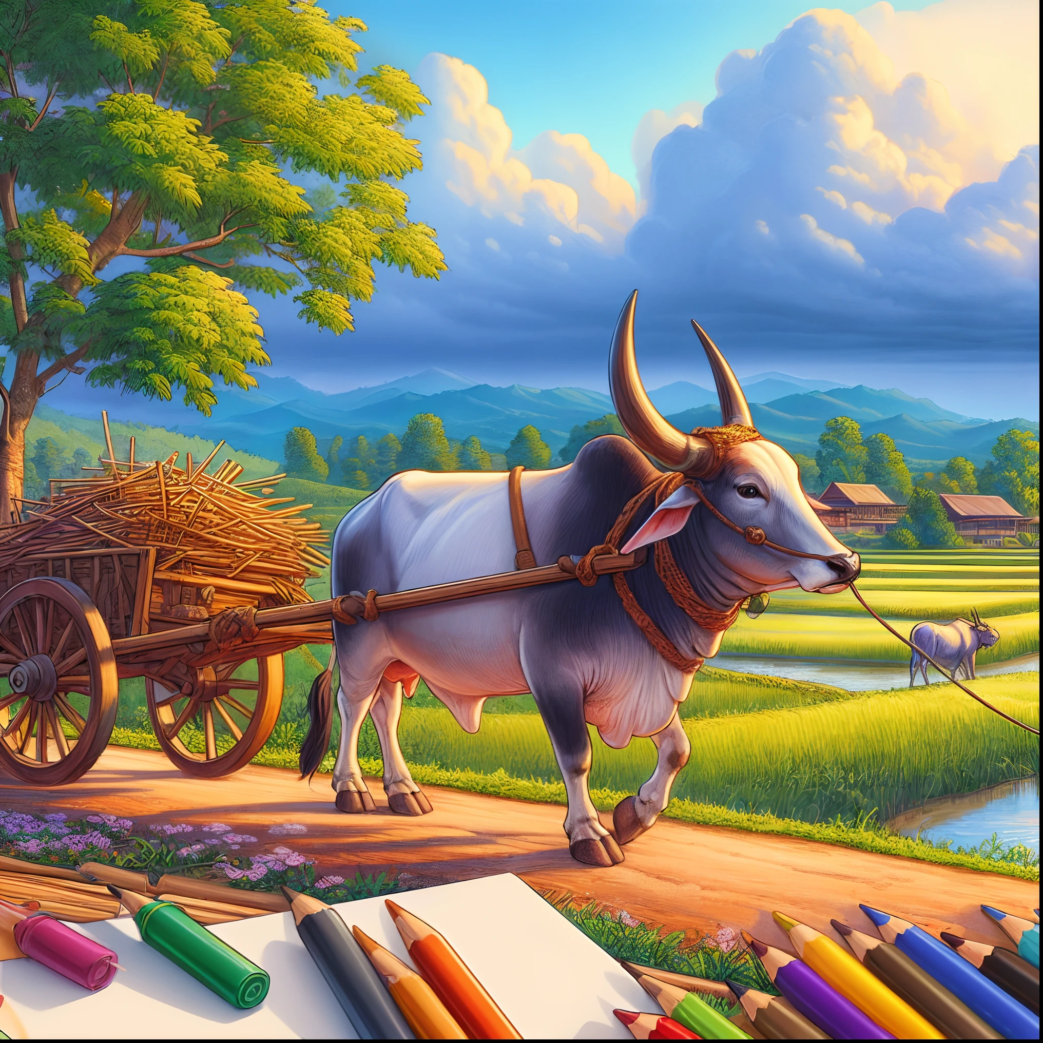 painting of a cow pulling a cart with a man on it, detailed painting 4 k, background artwork, 4k highly detailed digital art, color field painting. 8k, highly detailed illustration, 4k detailed art, scenery art detailed, 4k detailed digital art, 8k high quality detailed art, great digital art with details, 4 k highly detailed art