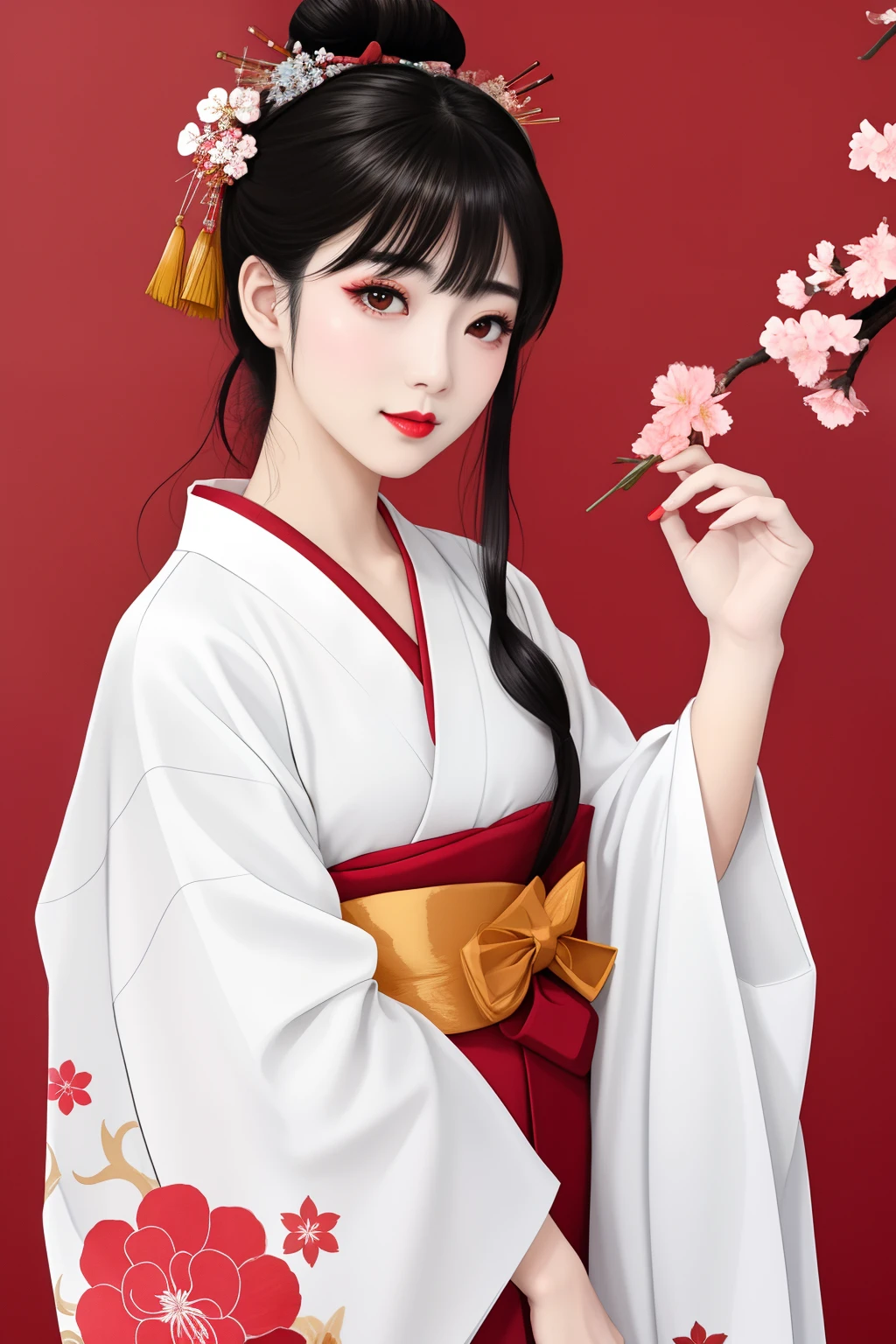 ((Big、a small face、No exposure))、top-quality、masterpiece、(Bun hair Black hair)、Brown eyes、⦅From the buttocks up is the whole body、Diagonally horizontal⦆、(4In K、masterpiece、hight resolution、Realistic and beautiful light and shadow、One girl、Solo Focus、(top-quality)、(Hi-Res)、(extremely delicate and beautiful)、(Beautiful 8k face)、(I close my eyes while smiling.)、(独奏)、(Clear skin)、(Soft hair)、(7headed body)、(Yukata kimono with red and white floral pattern、Girl in Yukata)、((Hair in a bun))、((Tanabata decoration background))、((a small face))、(reality)、thin and small nose、(red lipsticks)、(Reddening cheeks)、(Lustrous skin)、((Ukiyo-e style))、Ultra-thin eyebrows、Ultra high image quality、(Wearing maiko-style makeup)、skin whitening、long and beautiful lashes、Lustrous skin that changes like a model in a Kyoto magazine、(Red-dyed cheeks),Nasal muscle