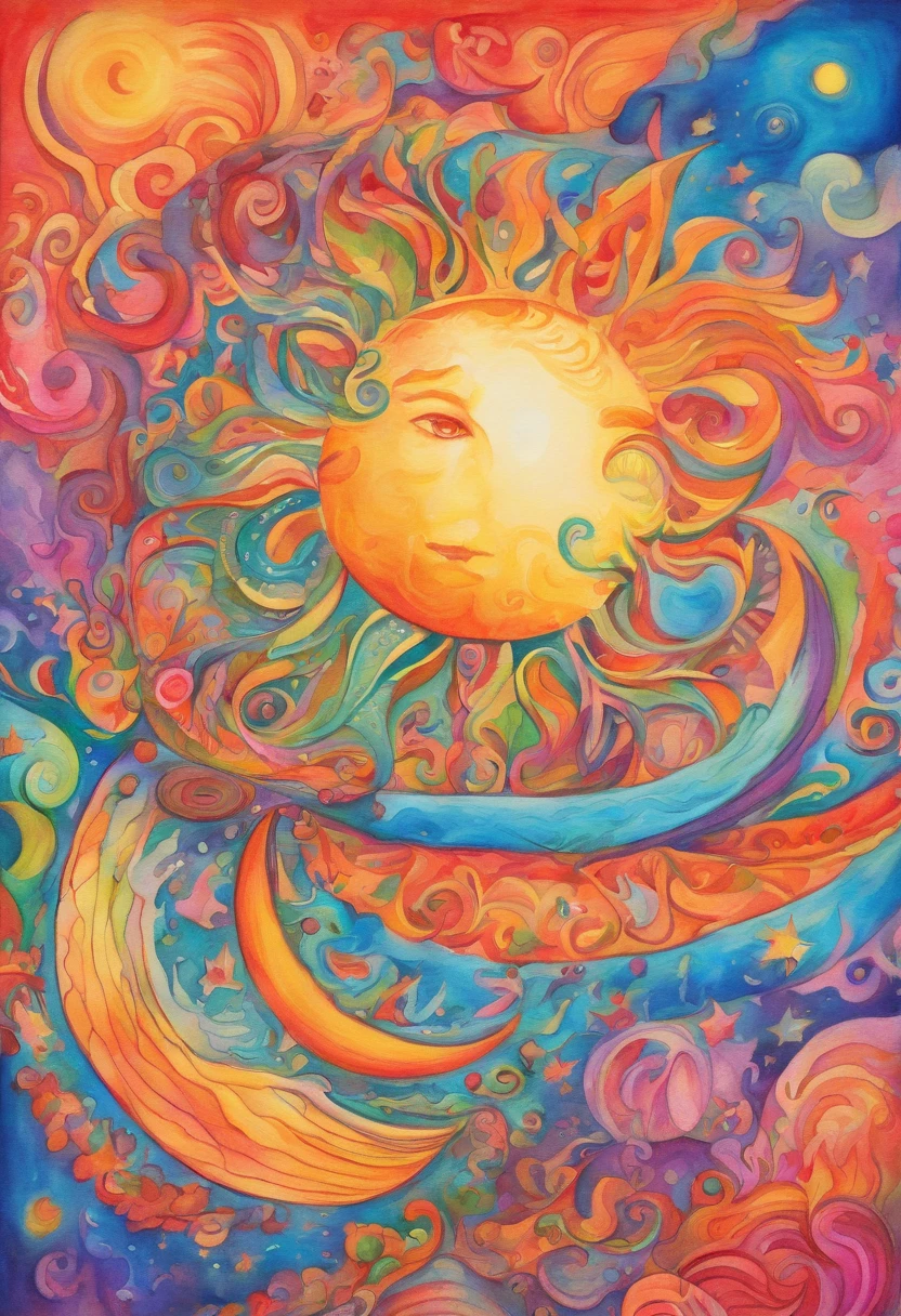 In Vivid watercolor pencil, a very whimsical drawing of the sun and quarter-moon being hugged by earth,wind, water and fire in outerspace.