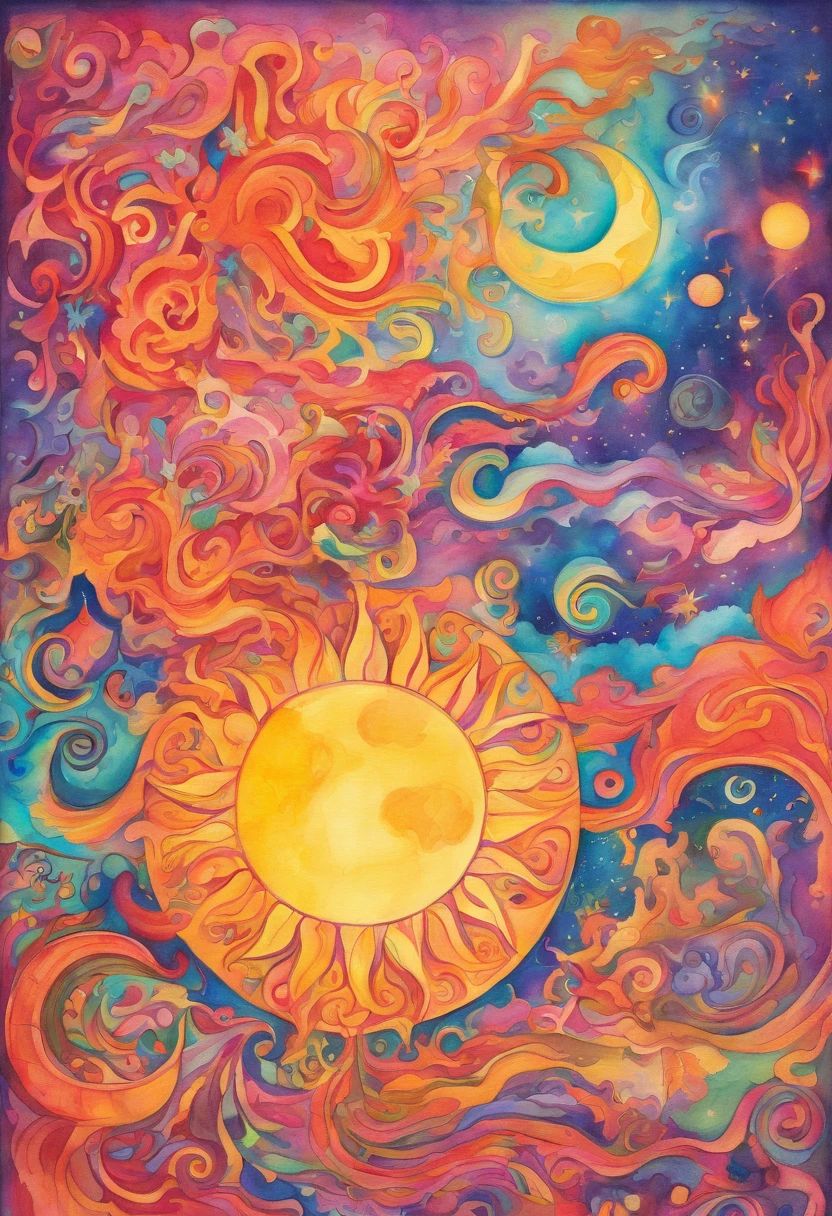 In Vivid watercolor pencil, a very whimsical drawing of the sun and quarter-moon being hugged by earth,wind, water and fire in outerspace.