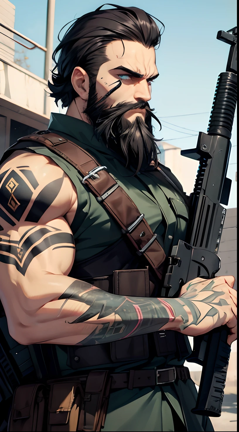 man with a black short beard, badass beard, arabian aesthetics, black beard, with tattoos, epic beard, rough beard, neat beard. He has blue eyes. He has a huge scar on his face, He wears an Arabian army uniform, military camouflage clothing, wear a bulletproof vest,holds a rifle, Dynamic pose, 8k, masterpiece, dark, full of equipment, one-eyed, dirty and bruised, clothes torn