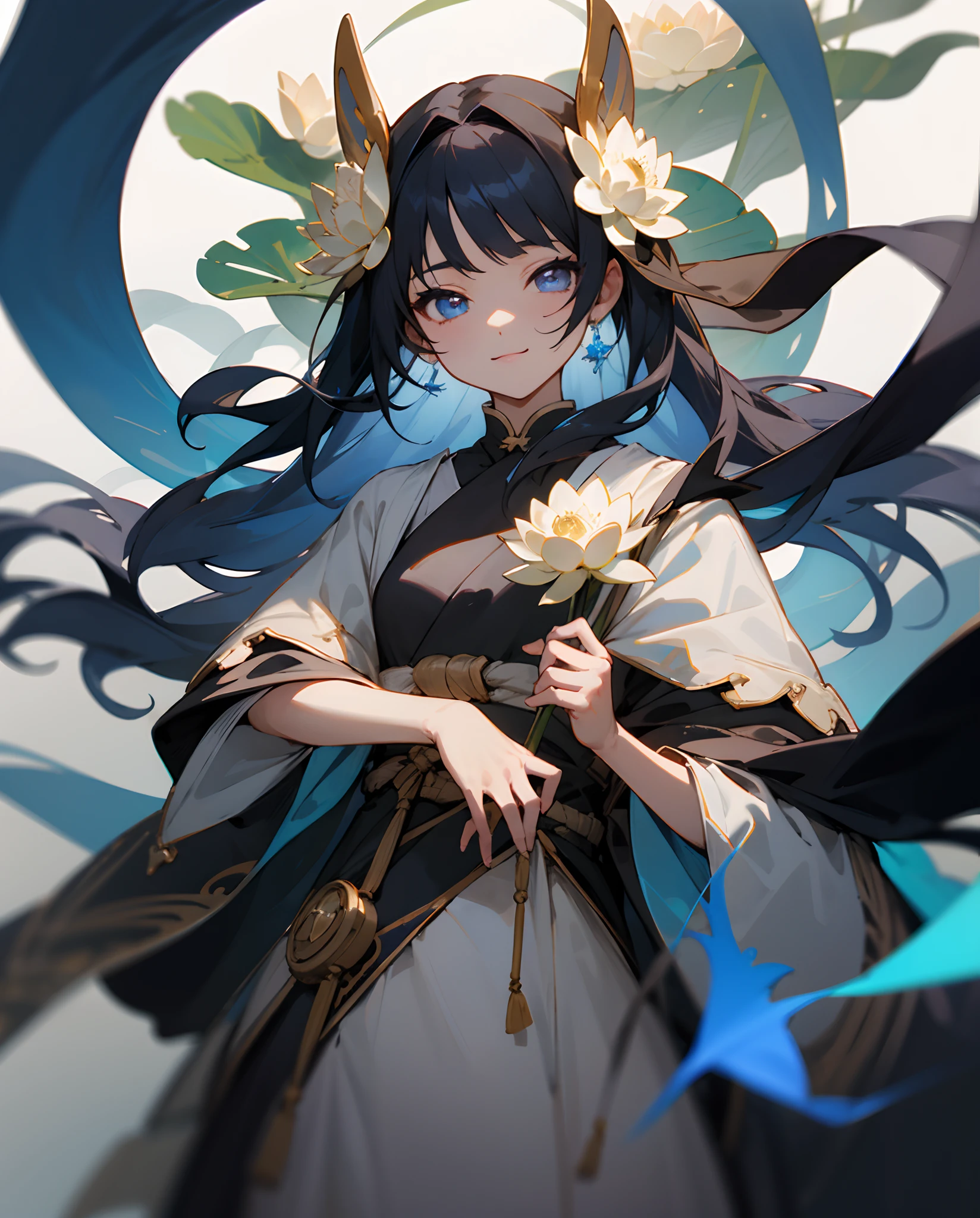 masterpiece、top-quality、超A high resolution、2D Beautiful Girl、animesque、teens girl、Black hair、Waist-length hair、Lotus hair ornament、Beautiful indigo eyes、The clothes are also depicted in detail、Eyes are depicted in detail、The face is depicted in detail、sorcerer、soio、Gentle smile、hair adornments、animesque、illustratio