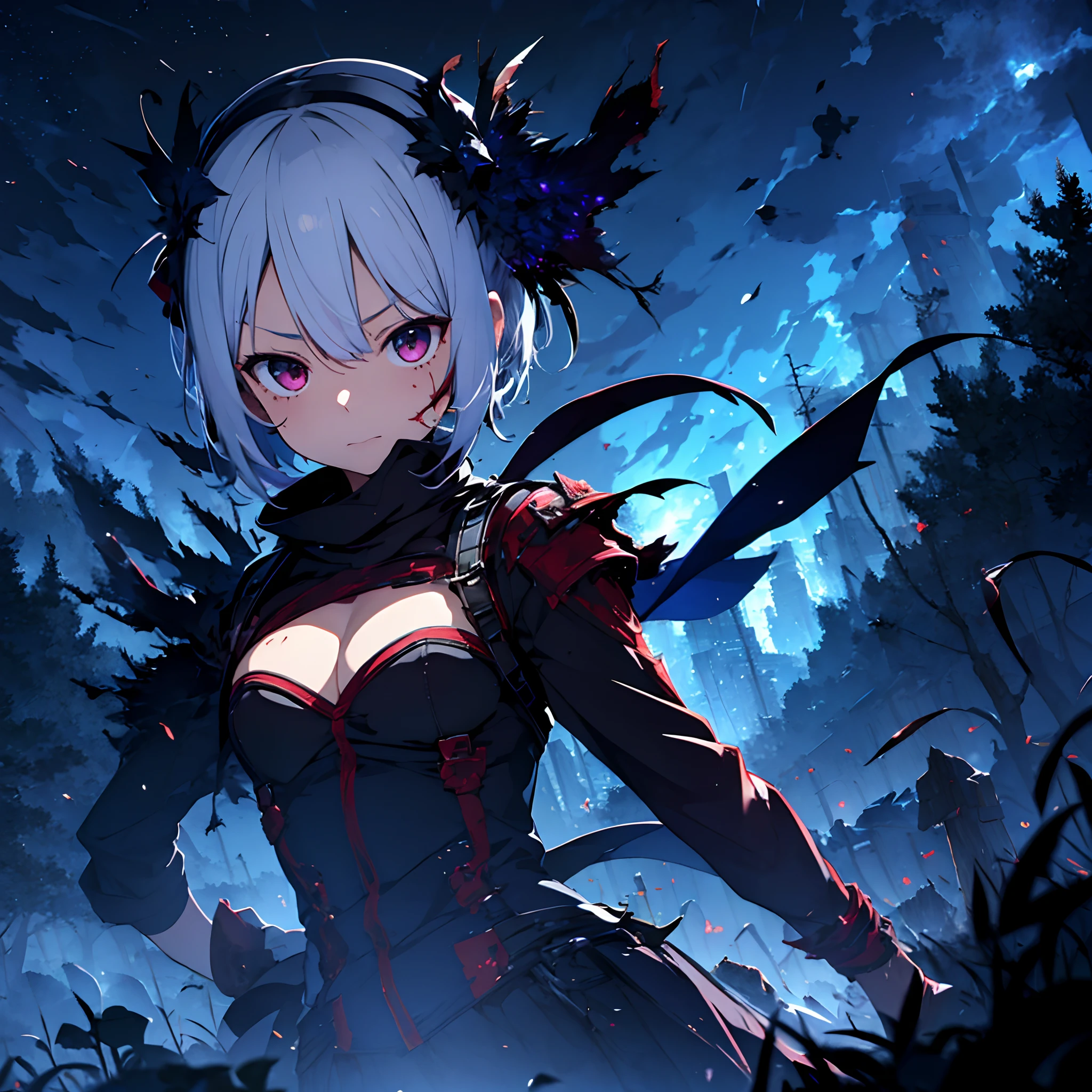 1 girl, solo, Hoshimachi_Suisei, cool mouth mask, black cloth mask, white hair with azure tips, short hair, sidebangs, hair between eyes, red eyes, bloodshot eyes, small breasts, tattered and torn starry blue robe with high-neck, red light knight armour, evil aura, disgusted face, low angle, alien-like forest, burned down trees, violet flames, wind magic