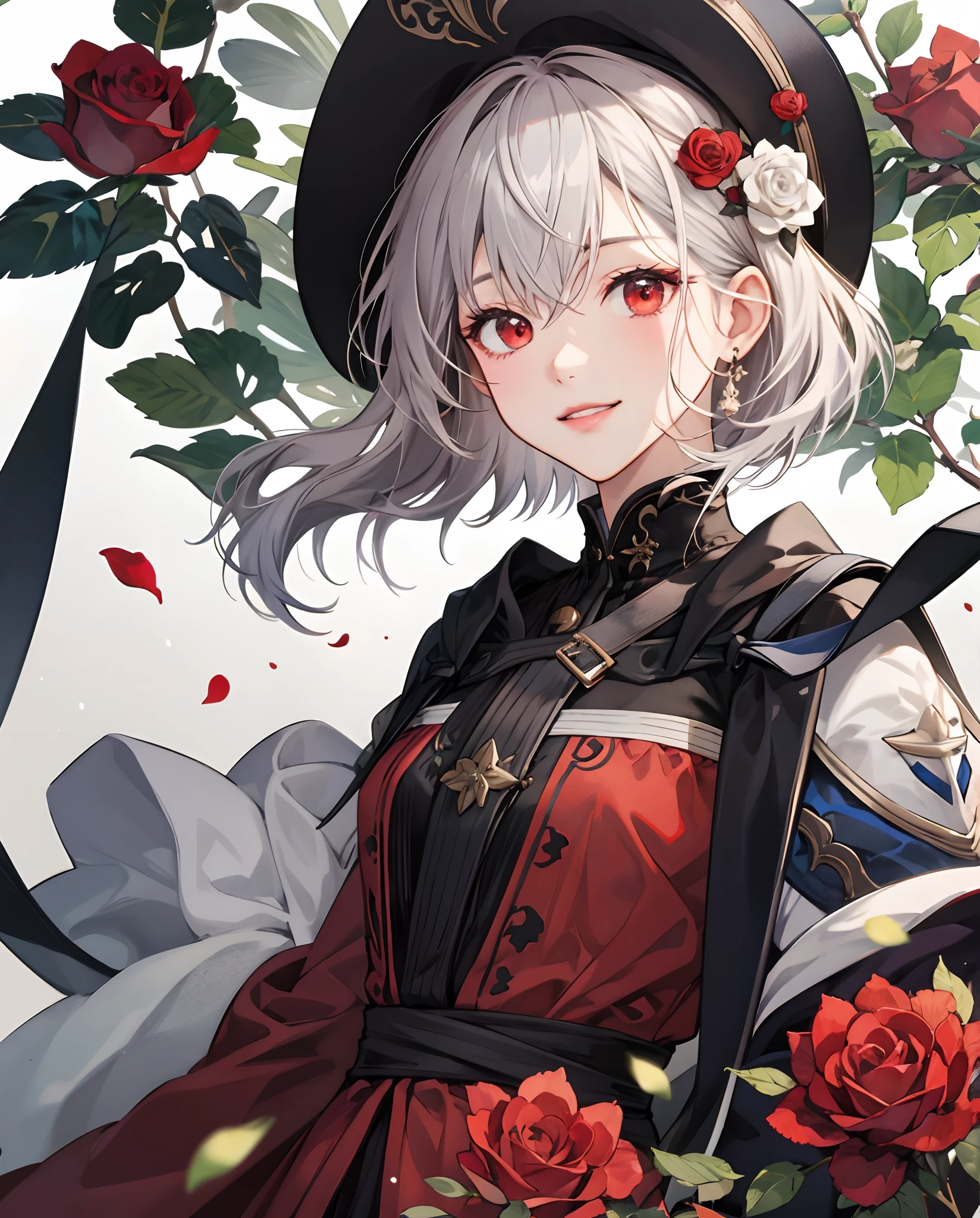 ​masterpiece、top-quality、超A high resolution、2D Beautiful Girl、animesque、teens girl、greyt hair、short-haired、Rose hair ornament、Beautiful red eyes、The clothes are also depicted in detail、Eyes are depicted in detail、The face is depicted in detail、sorcerer、soio、Gentle smile、hair adornments、animesque、illustratio
