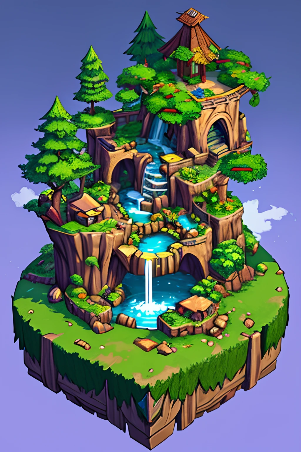 Cartoon trees and bushes set with pond and waterfall, isometric game assets, stylish game art, fantasy game art style, fantasy forest environment, game assets, video game assets, RPG game environment assets, styling game icons, trees and Made with Fantasy Valley, game assets, stylized 3D rendering, fantasy magic plants