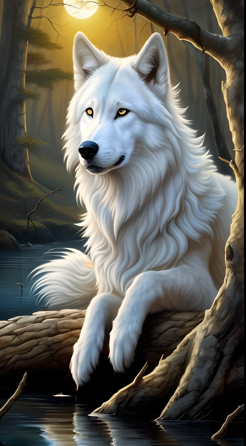 uma pintura de um lobo branco sentado em um tronco na floresta, lobo branco, um lobo branco, Lobo branco com olhos azuis, grande lobo, lobo peludo, foto de lobo, retrato do lobo da fantasia, retrato do lobo, lobo, companheiro lobo, Animais bonitos detalhados, lone wolf, Retrato de um lobo, Wolp, Retrato da floresta Gog, HD detalhado, raposa branca