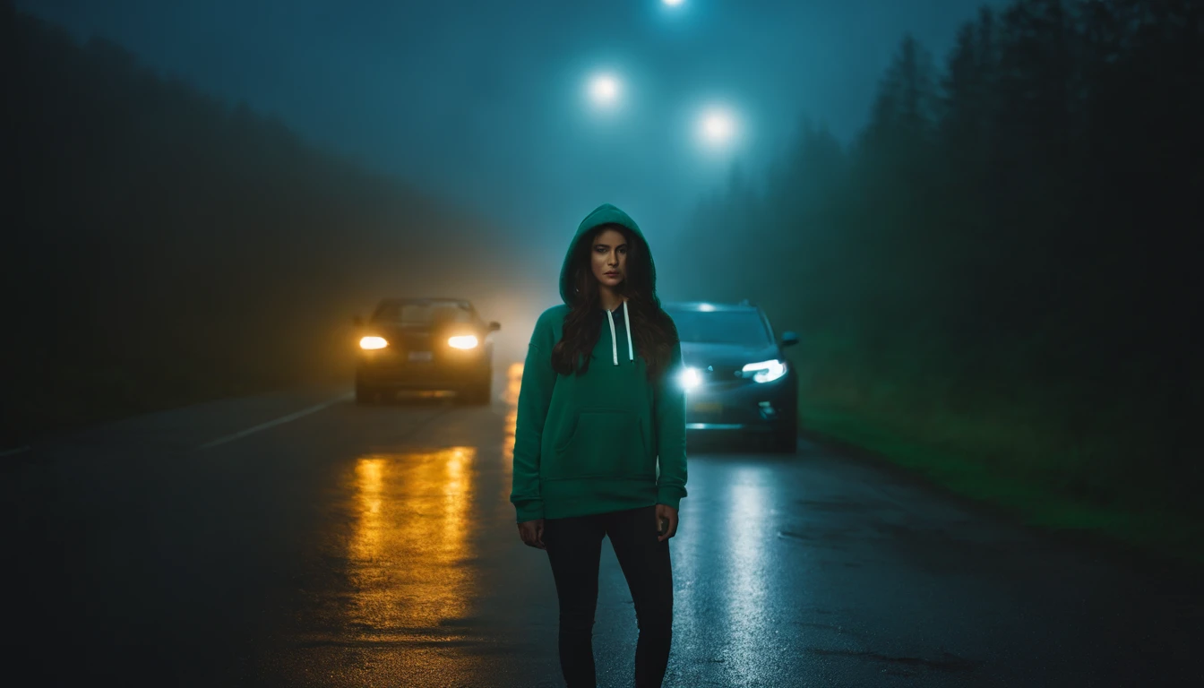 Photography of a girl standing next to her car at night, wearing a hoodie, foggy road, desolated road, green blue lights, foggy night, cinematic, ultra detailed.