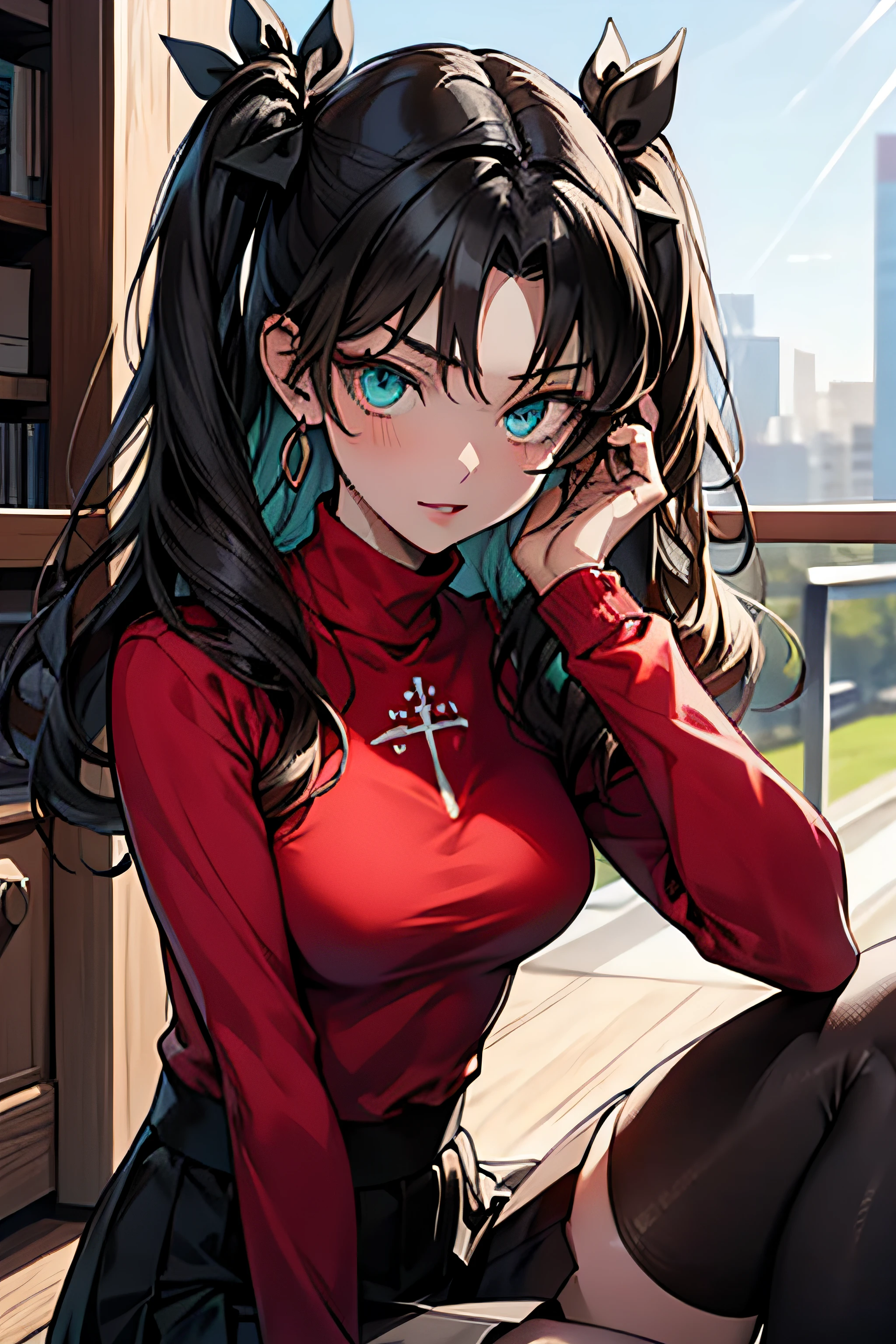 (masterpiece), best quality, expressive eyes, perfect face, 1girl, solo, rintohsaka, rin tohsaka, aqua eyes, black hair, hair ribbon, long hair, ribbon, sidelocks, two side up, black skirt, black thighhighs, long sleeves, miniskirt, pleated skirt, ((red sweater)), skirt, sweater, thighhighs, turtleneck, city background, sitting, character sheet, upper body, portrait, looking at viewer