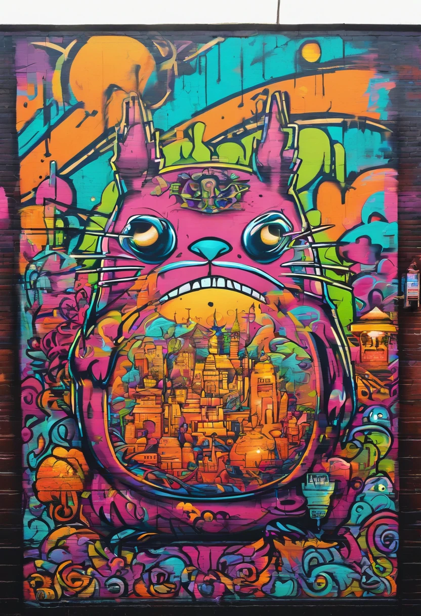 prompt: graffiti, Monstres, Full image, High Resolution High Contrast Totoro Neon Japanese Temple Decor