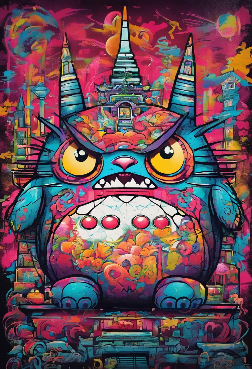 prompt: graffiti, Monstres, Full image, High Resolution High Contrast Totoro Neon Japanese Temple Decor